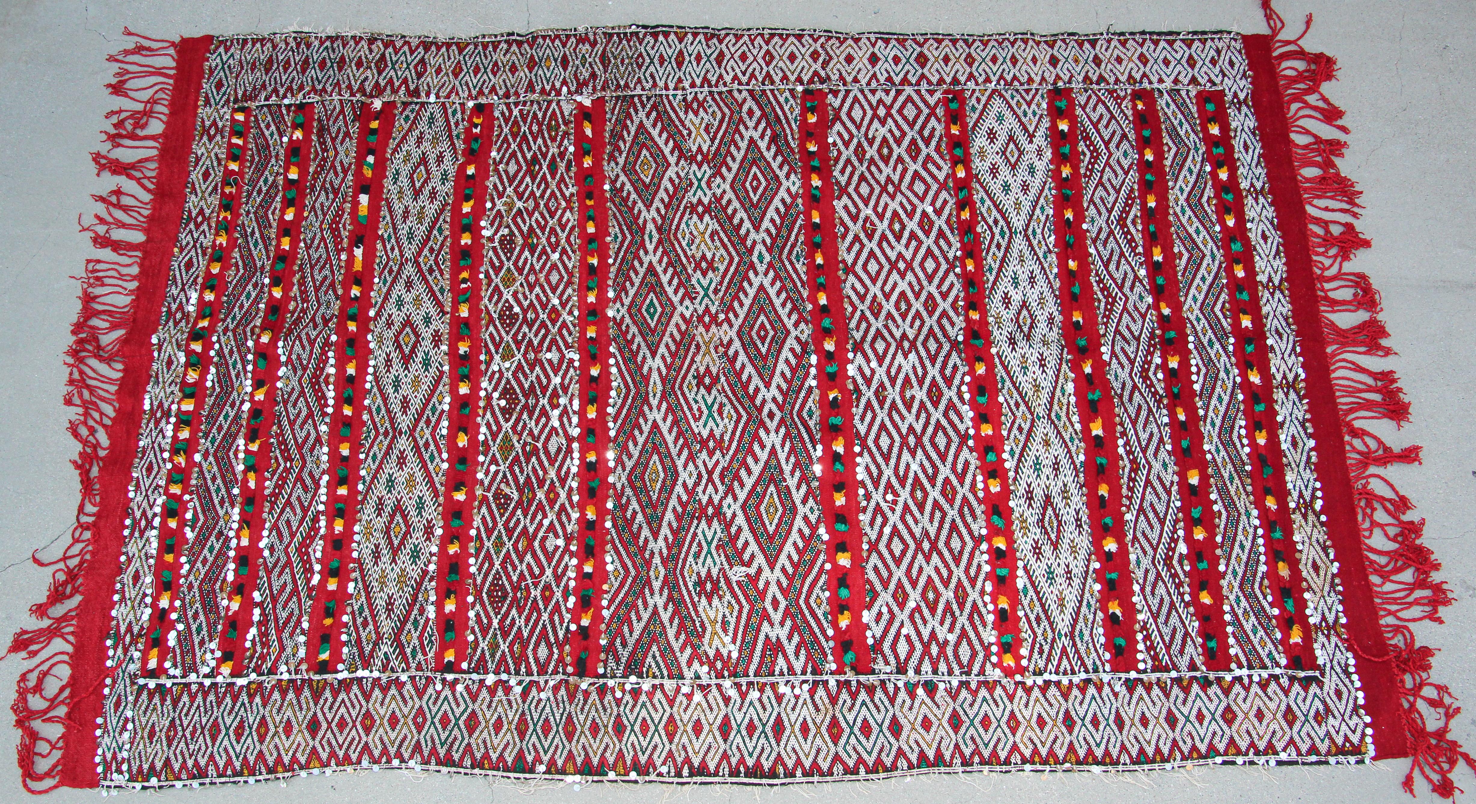 1960s authentic Moroccan Berber wedding rug with sequins North Africa, Handira.Handwoven vintage Moroccan Berber Tribal Handira ethnic textile.Moroccan Bohemian style rug, handwoven by the Berber women of the Zemmour tribe for their wedding day.The
