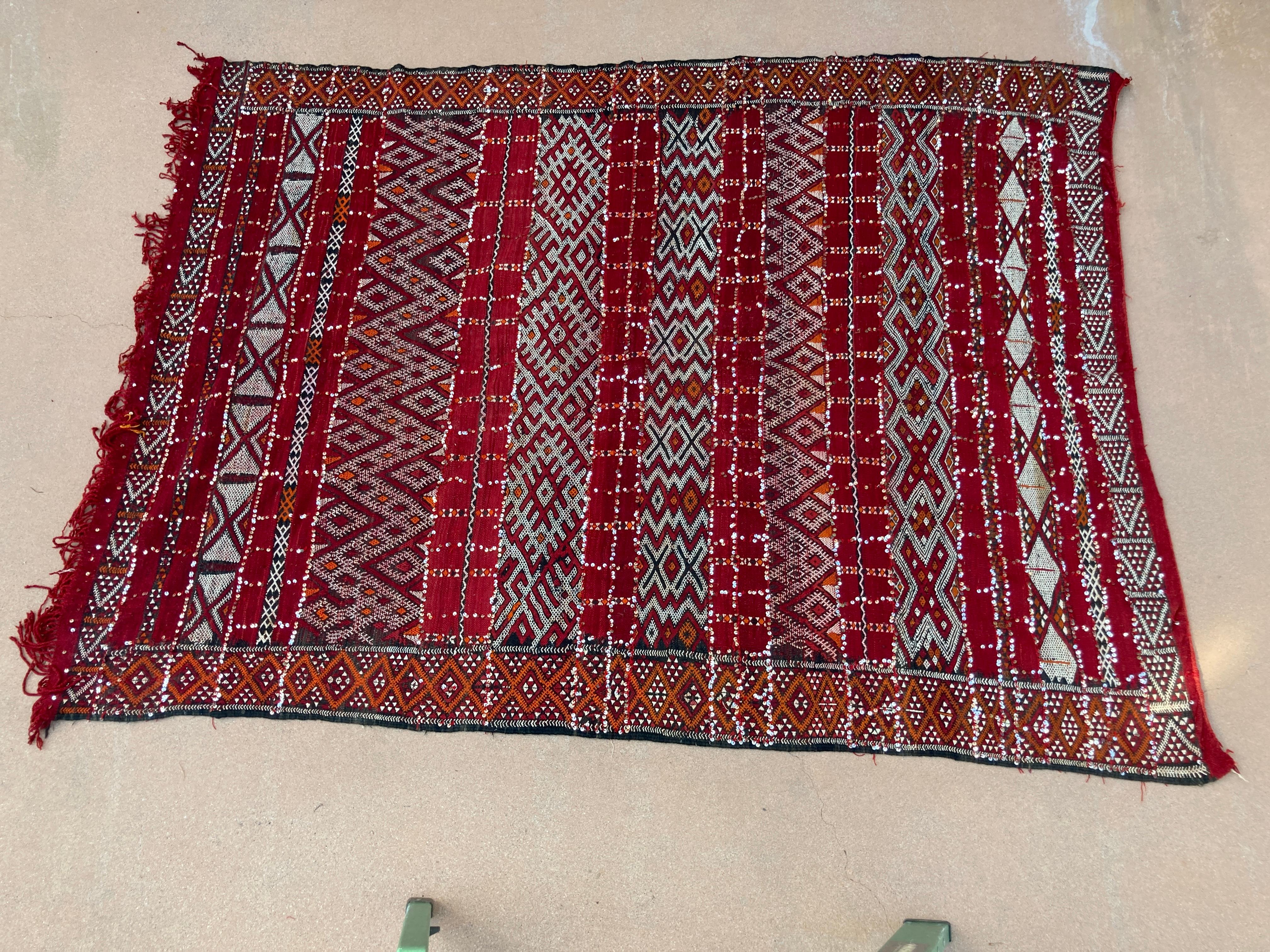 Hand-Woven Moroccan Vintage Ethnic Textile with Sequins North Africa, Handira