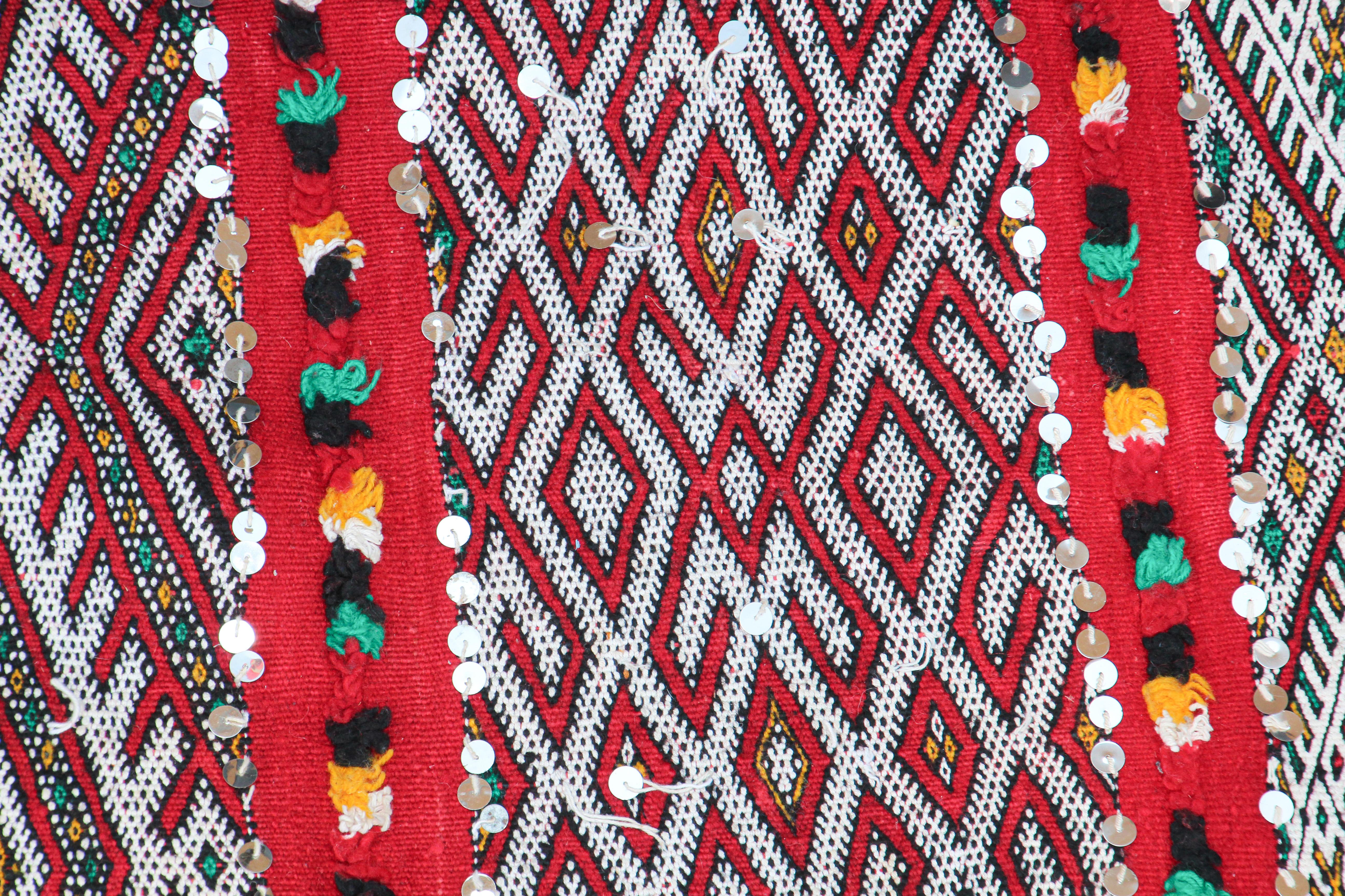 20th Century 1960s Moroccan Vintage Berber Textile with Sequins North Africa, Handira For Sale