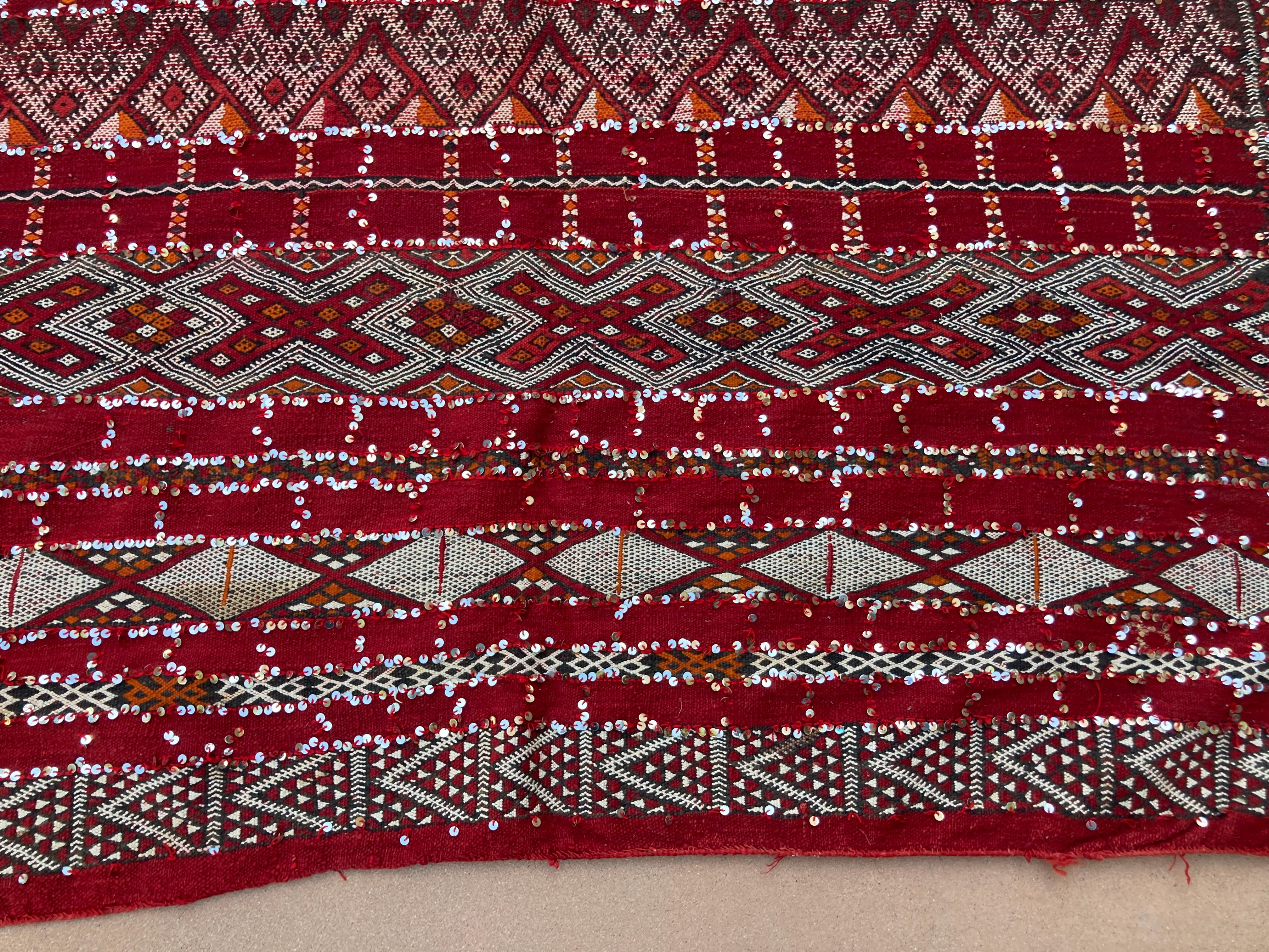Wool Moroccan Vintage Ethnic Textile with Sequins North Africa, Handira