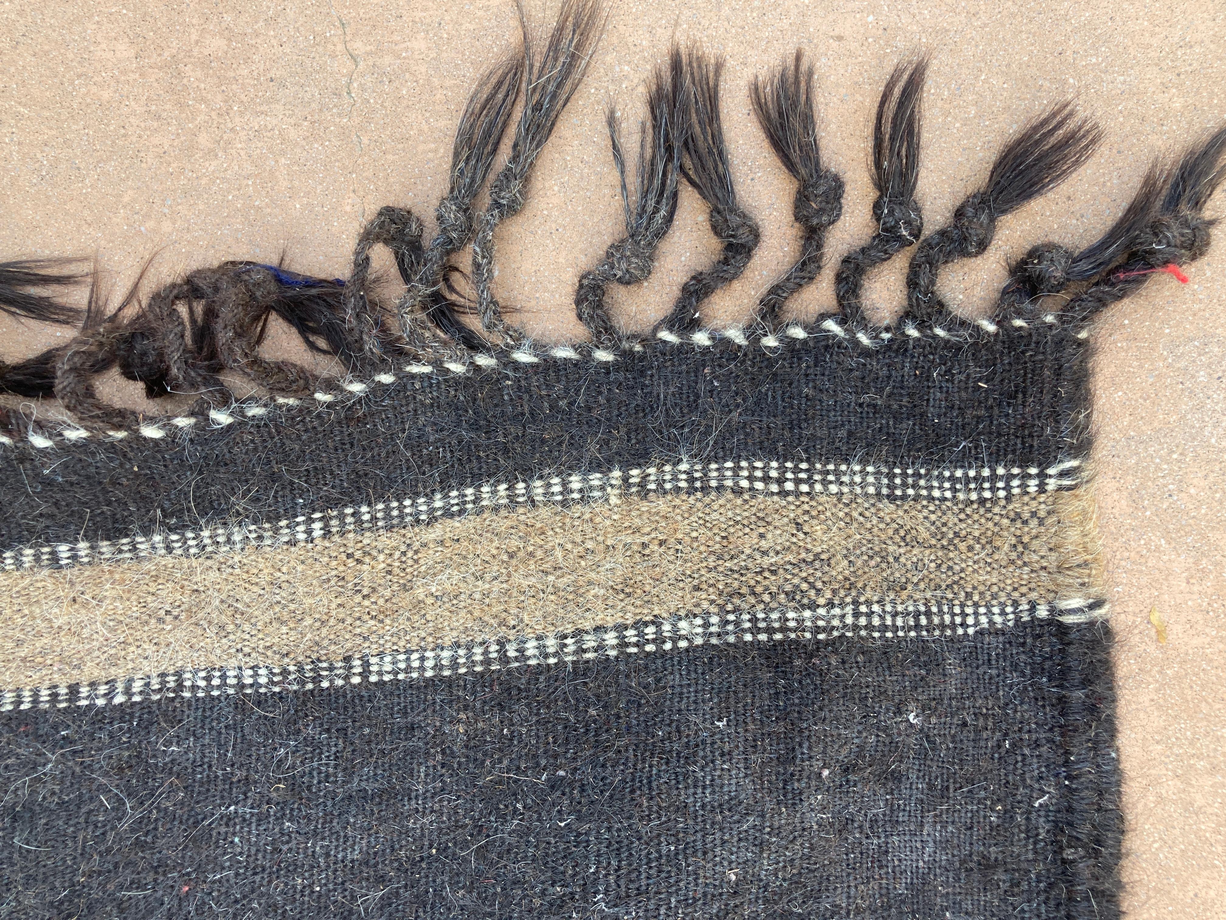 Moroccan Vintage Flat-Weave Black Camel Hair Tribal Rug For Sale 11