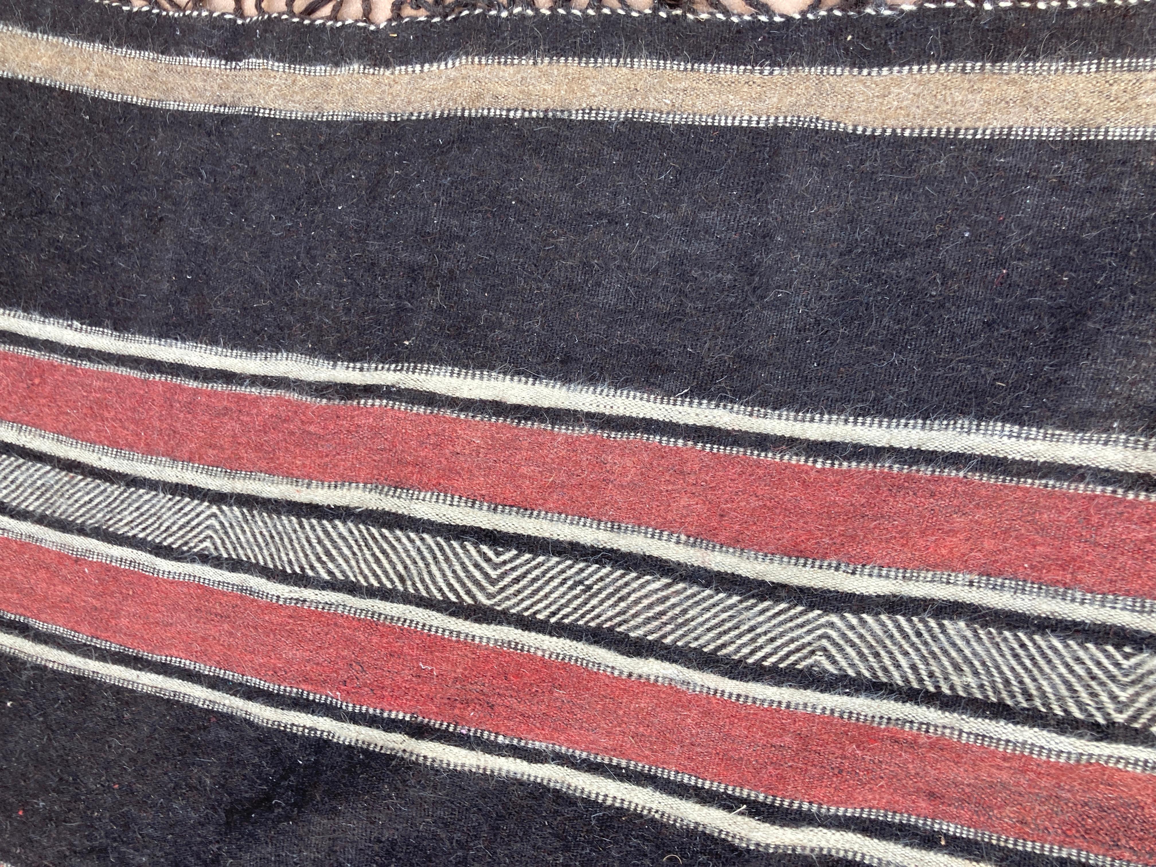 Moroccan Vintage Flat-Weave Black Camel Hair Tribal Rug For Sale 12