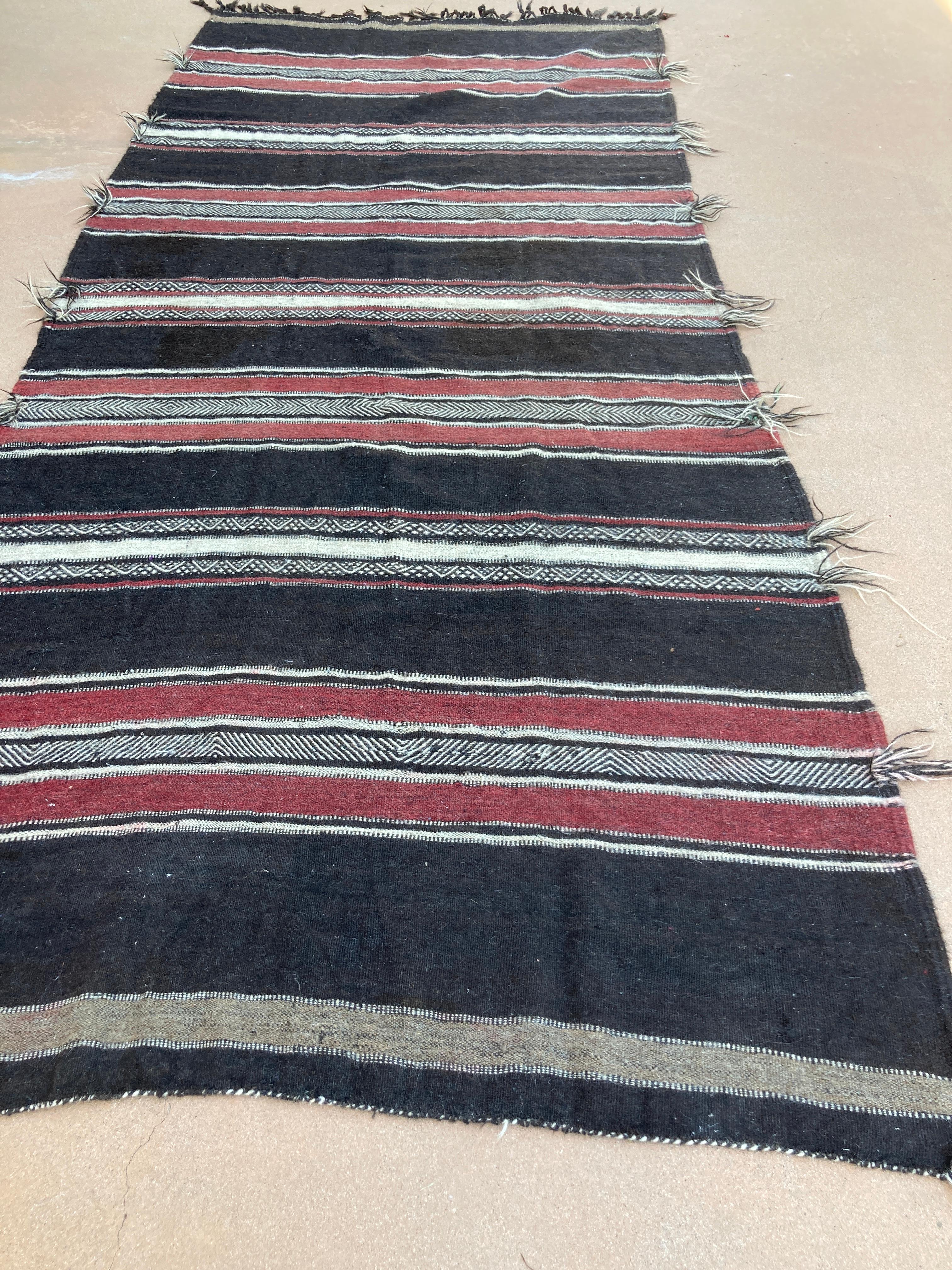 Hand-Woven Moroccan Vintage Flat-Weave Black Camel Hair Tribal Rug For Sale