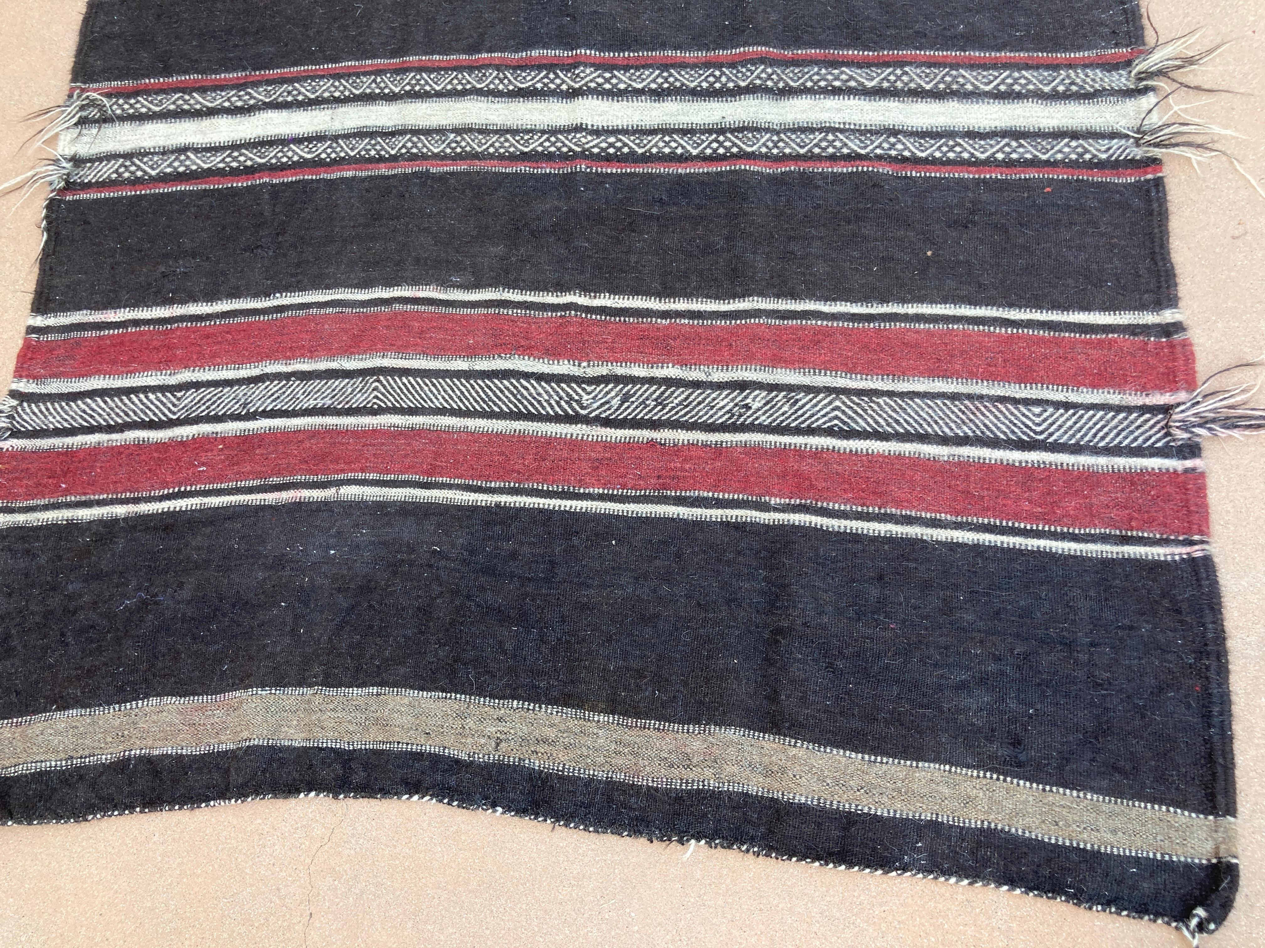 20th Century Moroccan Vintage Flat-Weave Black Camel Hair Tribal Rug For Sale