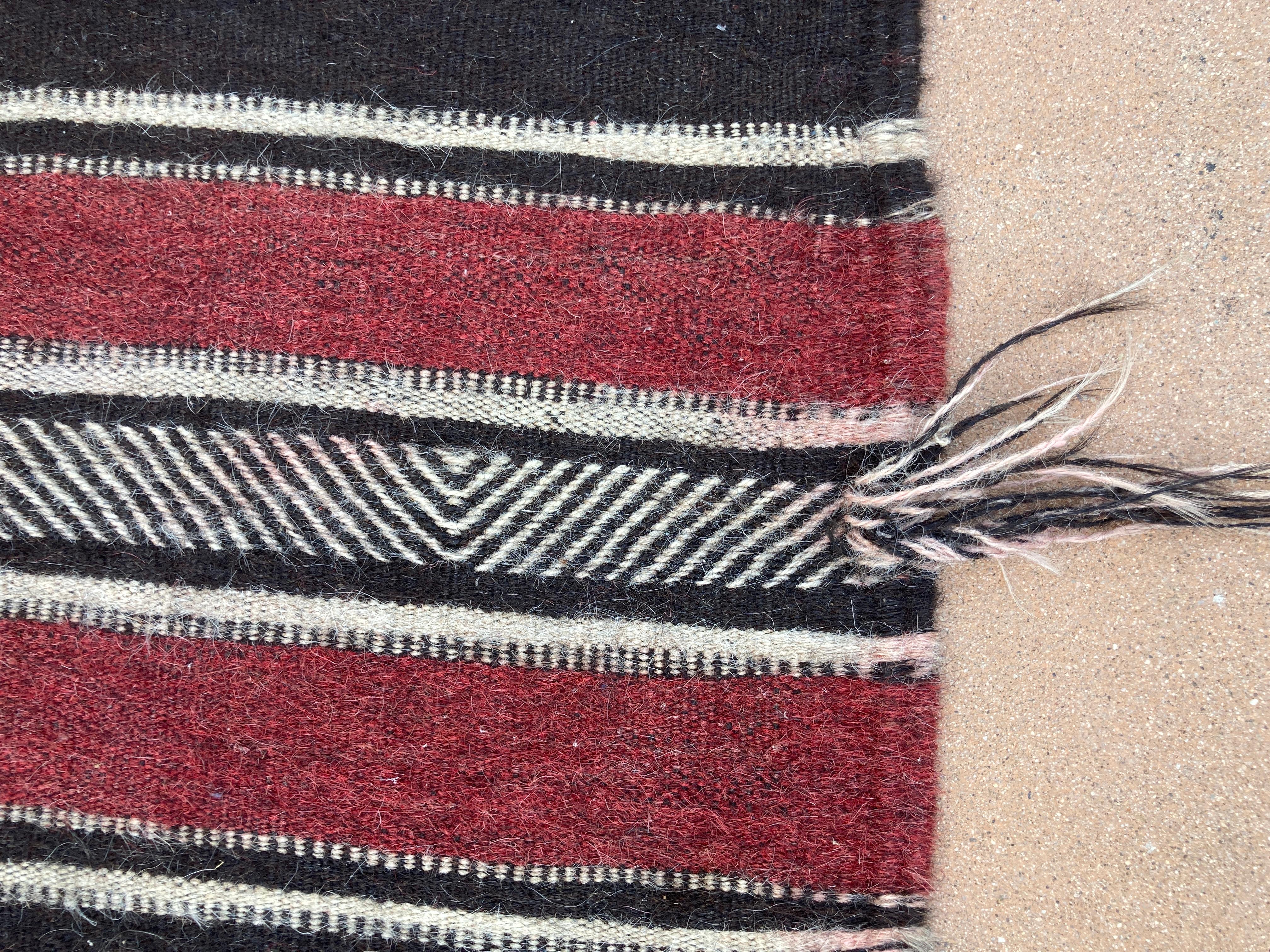 Wool Moroccan Vintage Flat-Weave Black Camel Hair Tribal Rug For Sale