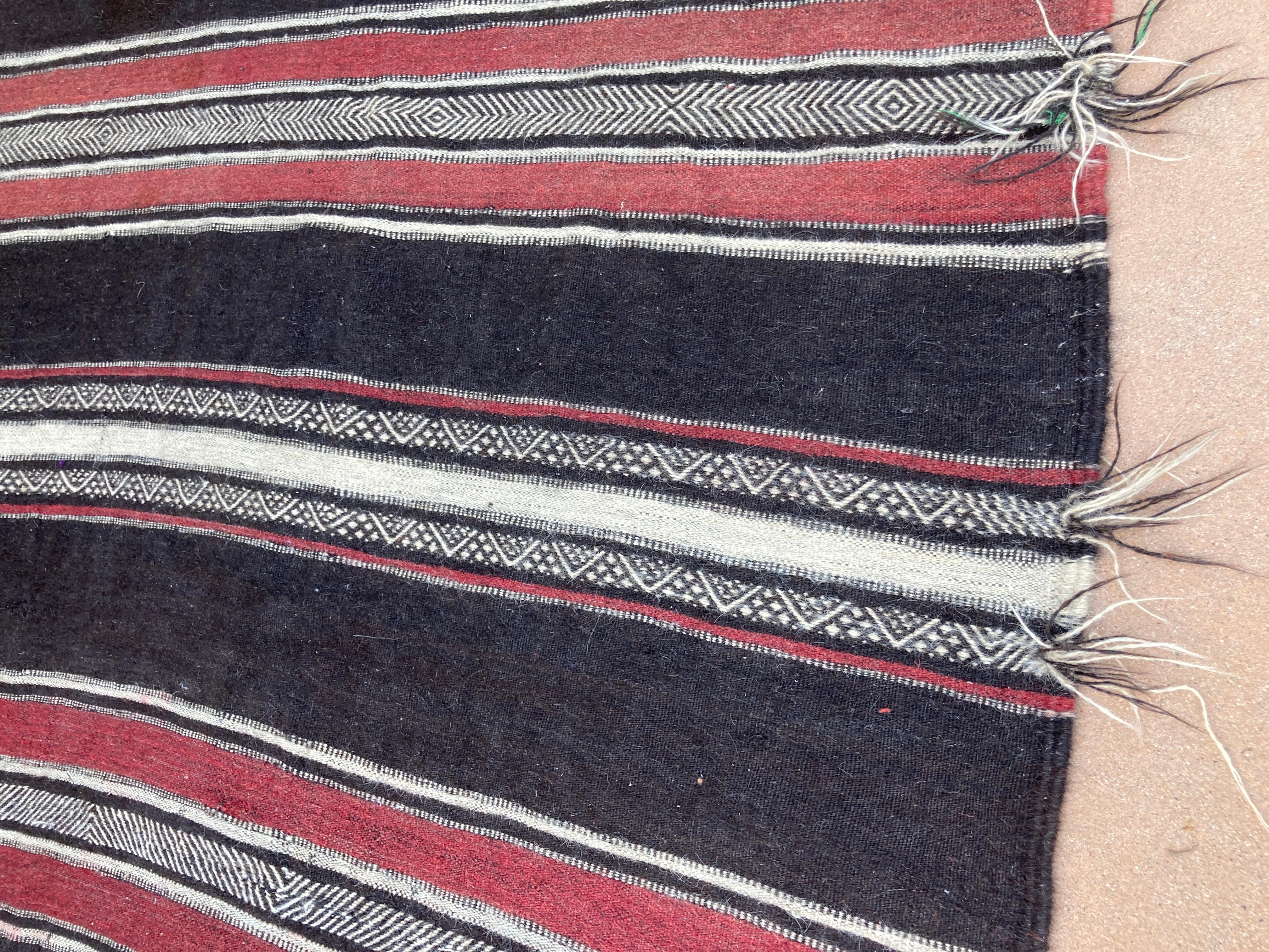 Moroccan Vintage Flat-Weave Black Camel Hair Tribal Rug For Sale 1