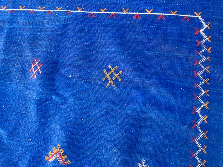 Moroccan Vintage Flat-Weave Majorelle Cobalt Blue Kilim Rug For Sale 4