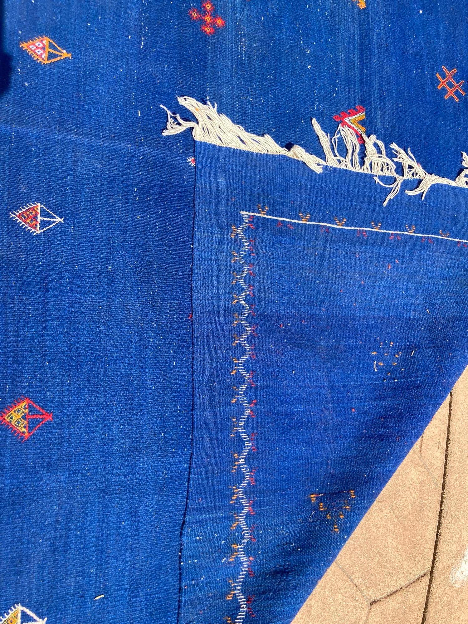 Moroccan Vintage Flat-Weave Majorelle Cobalt Blue Kilim Rug 11