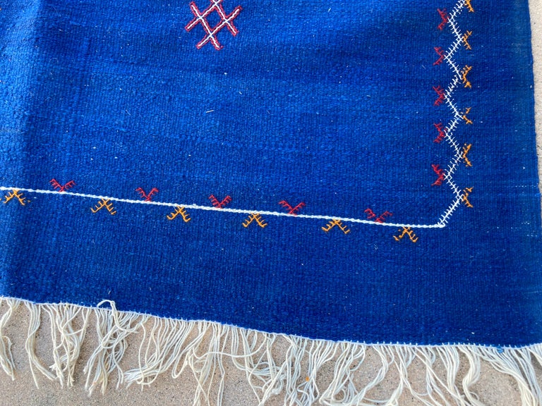 Tribal Moroccan Vintage Flat-Weave Majorelle Cobalt Blue Kilim Rug For Sale