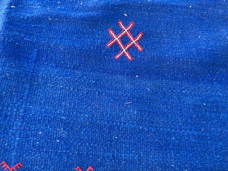 Wool Moroccan Vintage Flat-Weave Majorelle Cobalt Blue Kilim Rug For Sale