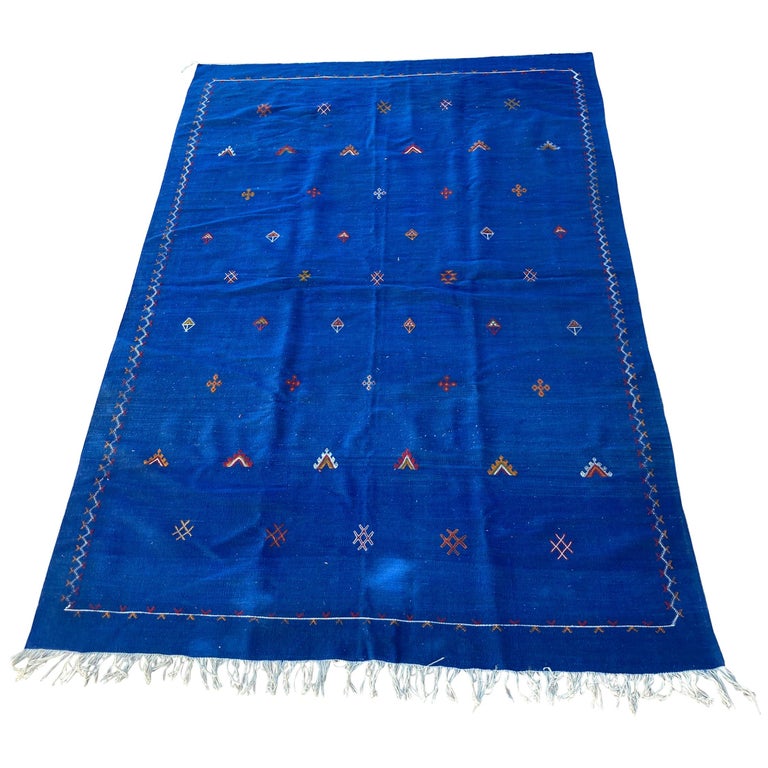 Moroccan Vintage Flat-Weave Majorelle Cobalt Blue Kilim Rug For Sale