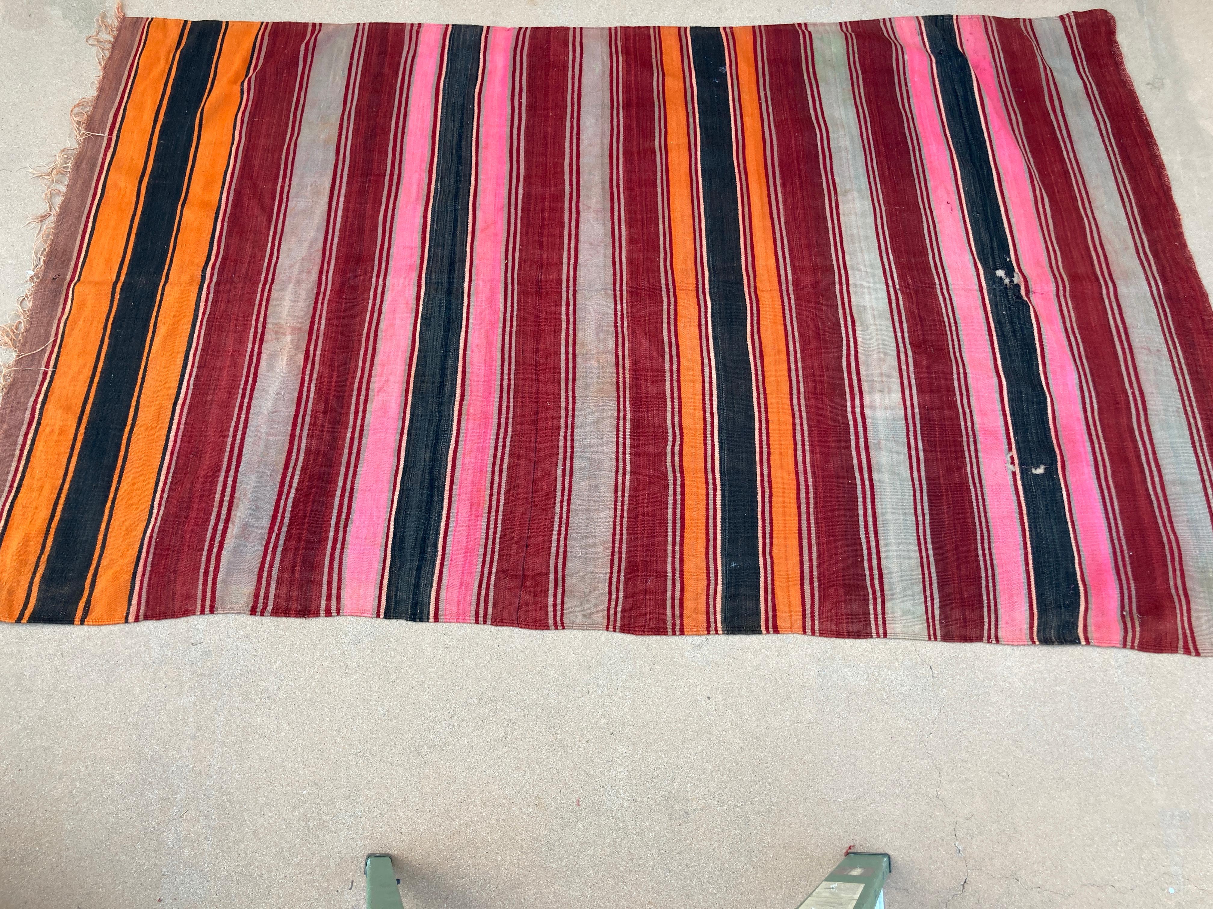 Folk Art Moroccan Vintage Flat-Weave Stripe Kilim Rug For Sale