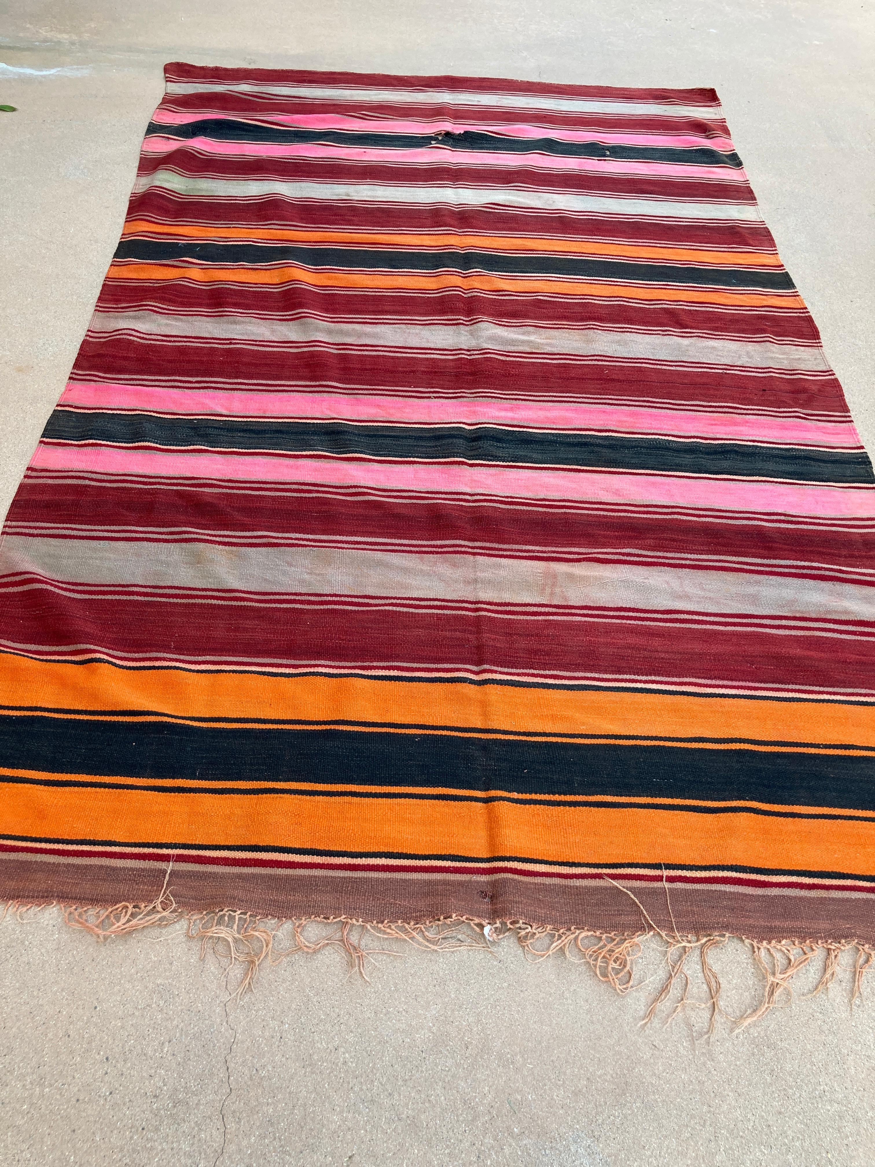Hand-Woven Moroccan Vintage Flat-Weave Stripe Kilim Rug For Sale