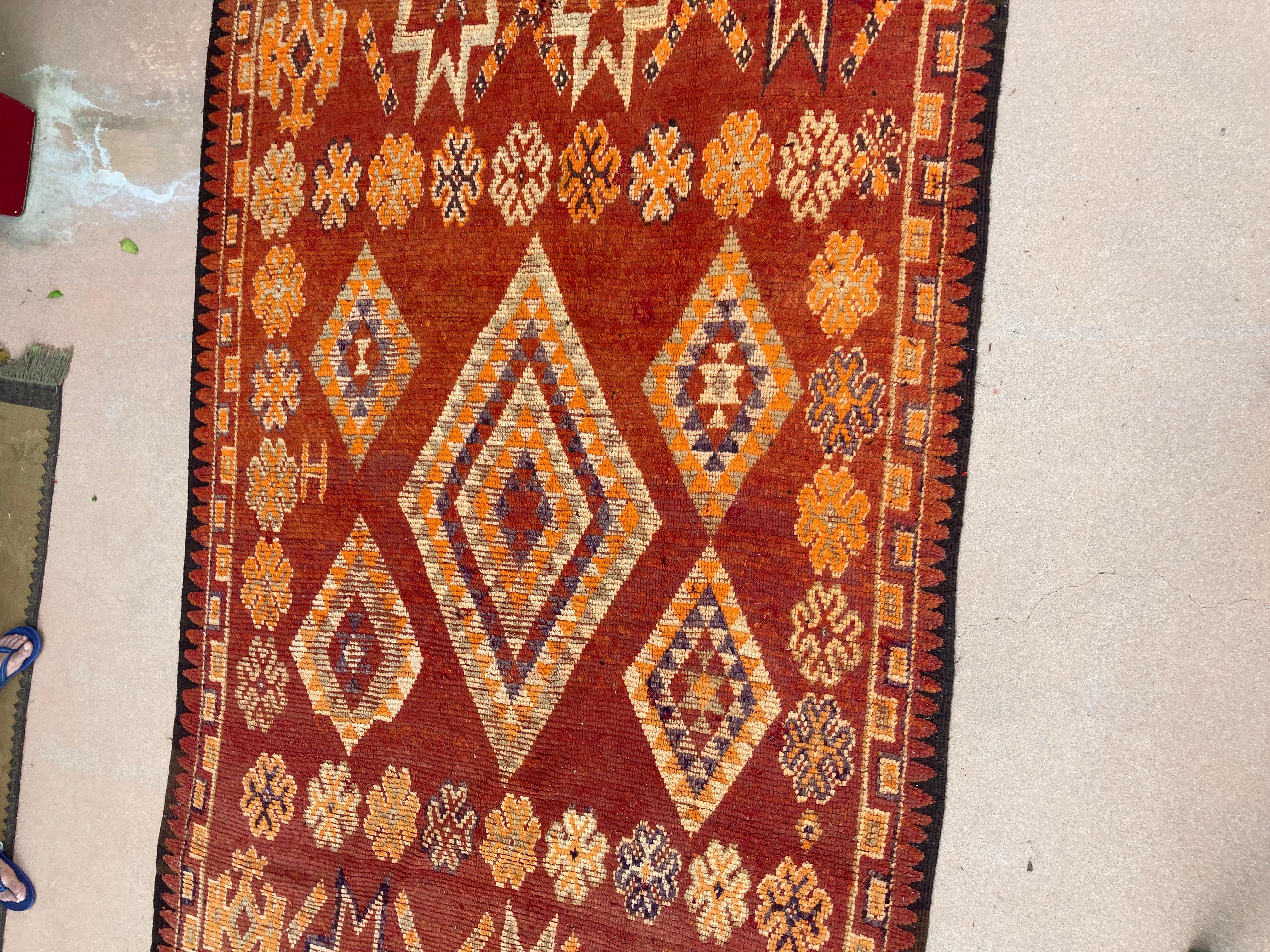 Wool 1960s Moroccan Vintage Hand-woven Boujad Tribal Area Rug For Sale