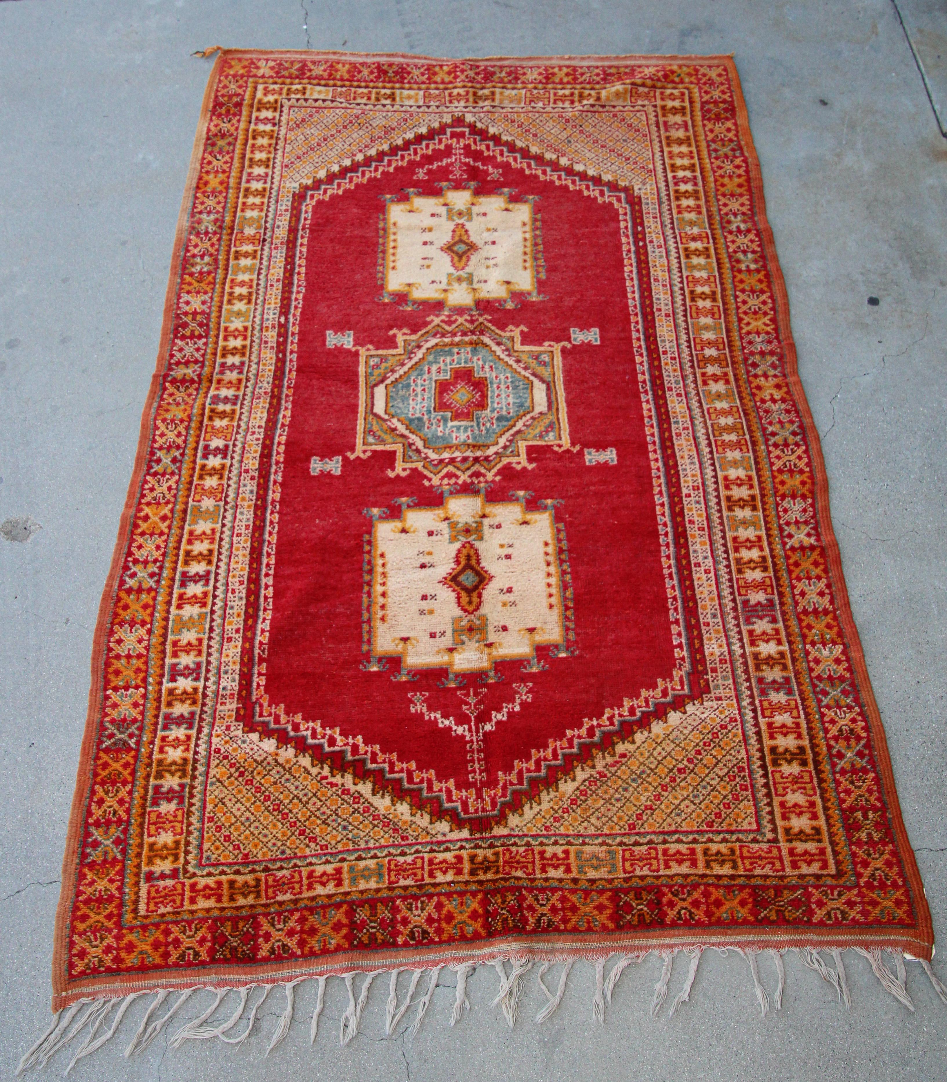 Moroccan vintage tribal rug handwoven by Berber Moroccan women using organic lamb wo and organic dye.North African Moroccan tribal runner with low pile handwoven wo, hand-knotted by the Berber tribes of Morocco with traditional geometric tribal