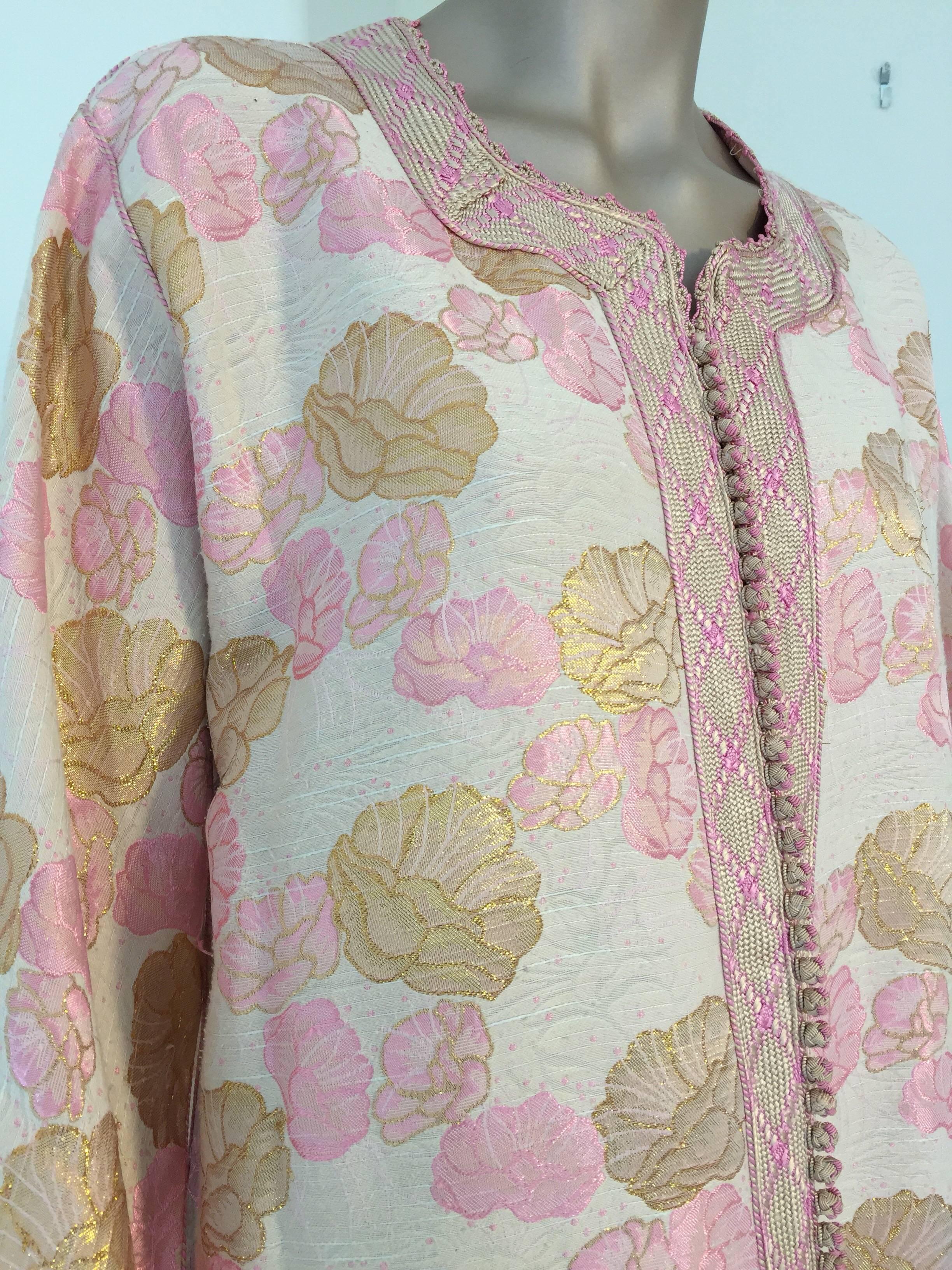 20th Century Moroccan Vintage Kaftan Embroidered Maxi Dress Brocade Caftan Pink and Gold