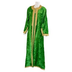 Moroccan Used Kaftan Emerald Green Velvet Gold Embroidered Caftan 1970