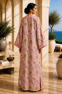 Caftano vintage marocchino con motivo damascato floreale rosa, abito lungo di design realizzato a mano, 1970