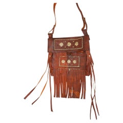 Moroccan Vintage Leather Handcrafted African Tuareg Bag with Fringes Wall Art