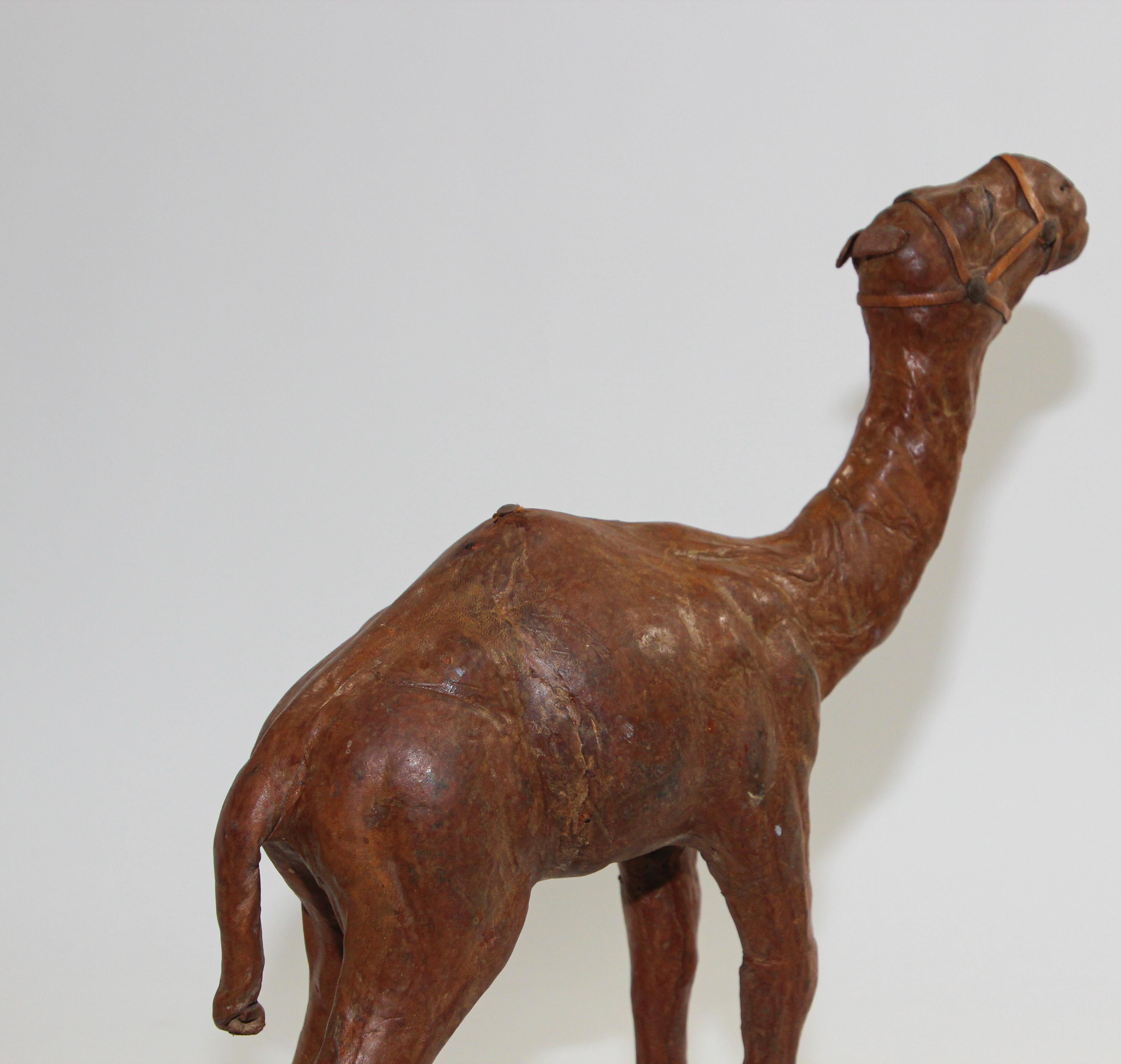 Moroccan Vintage Leather Wrapped Camel Sculpture In Good Condition In North Hollywood, CA