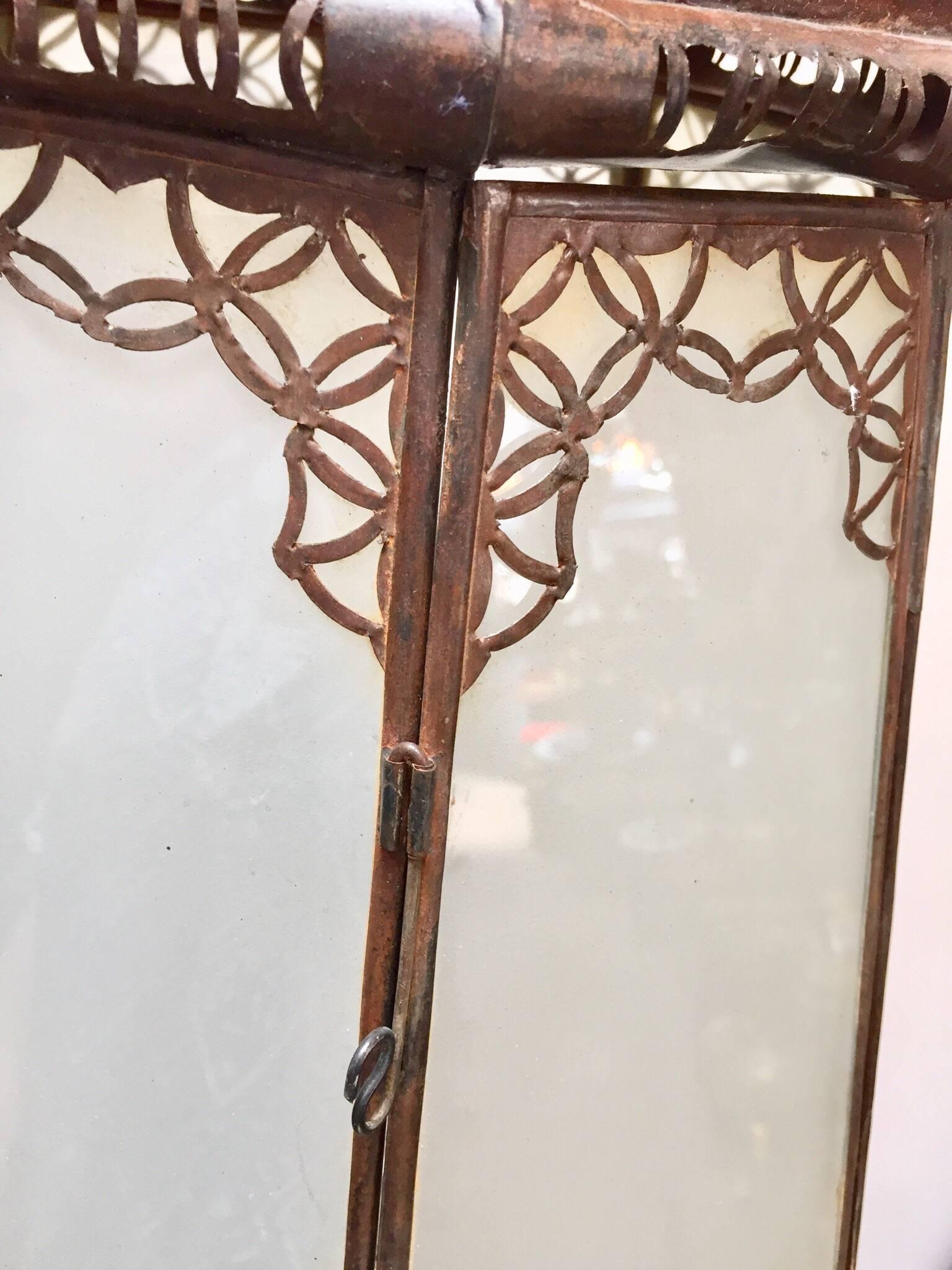Moroccan Vintage Metal and Frosted Glass Light Fixture For Sale 4