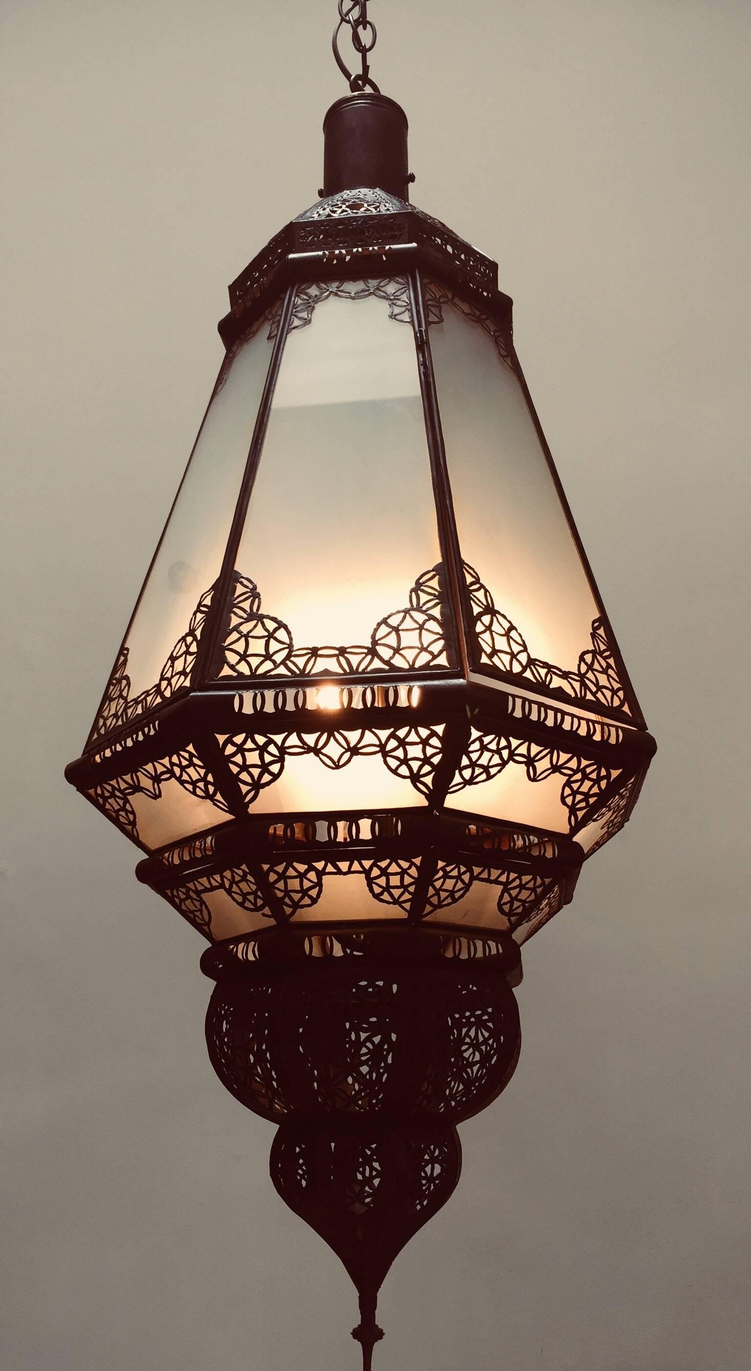 Moroccan Vintage Metal and Frosted Glass Light Fixture For Sale 5