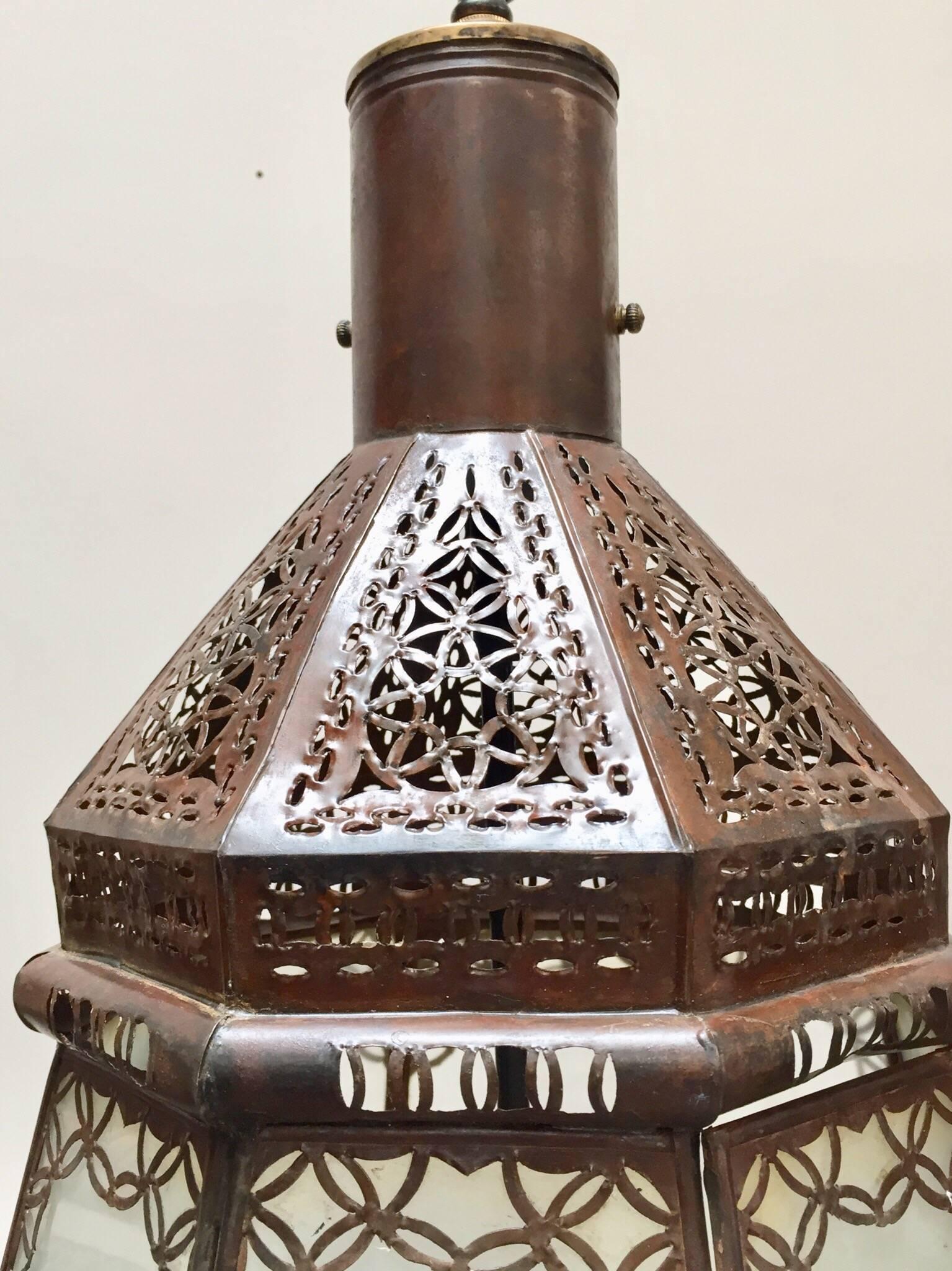 Moroccan Vintage Metal and Frosted Glass Light Fixture For Sale 8