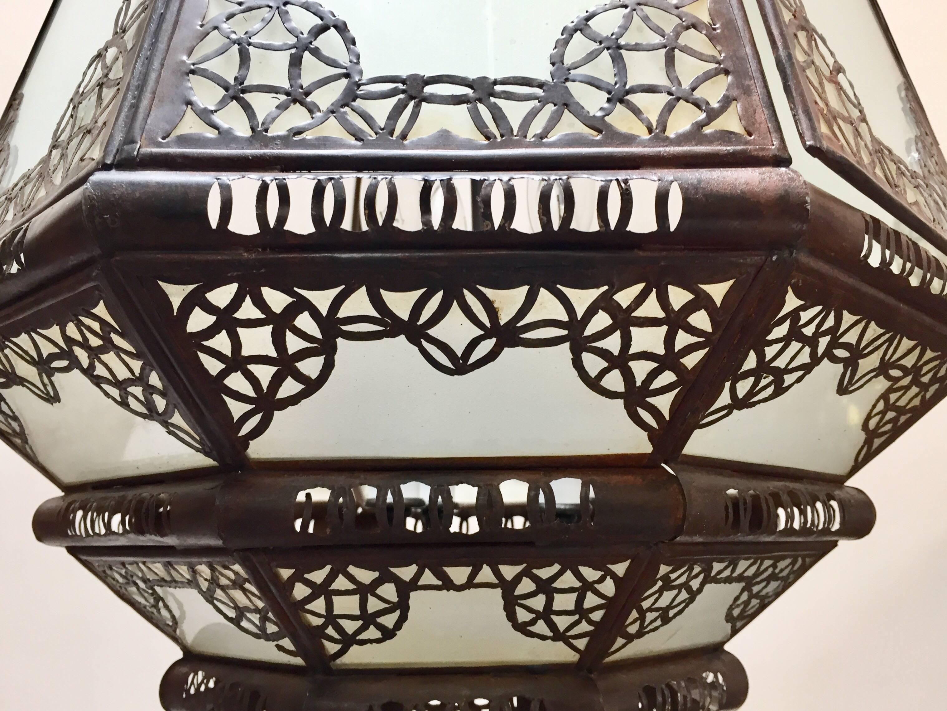 Moroccan Vintage Metal and Frosted Glass Light Fixture In Good Condition For Sale In North Hollywood, CA