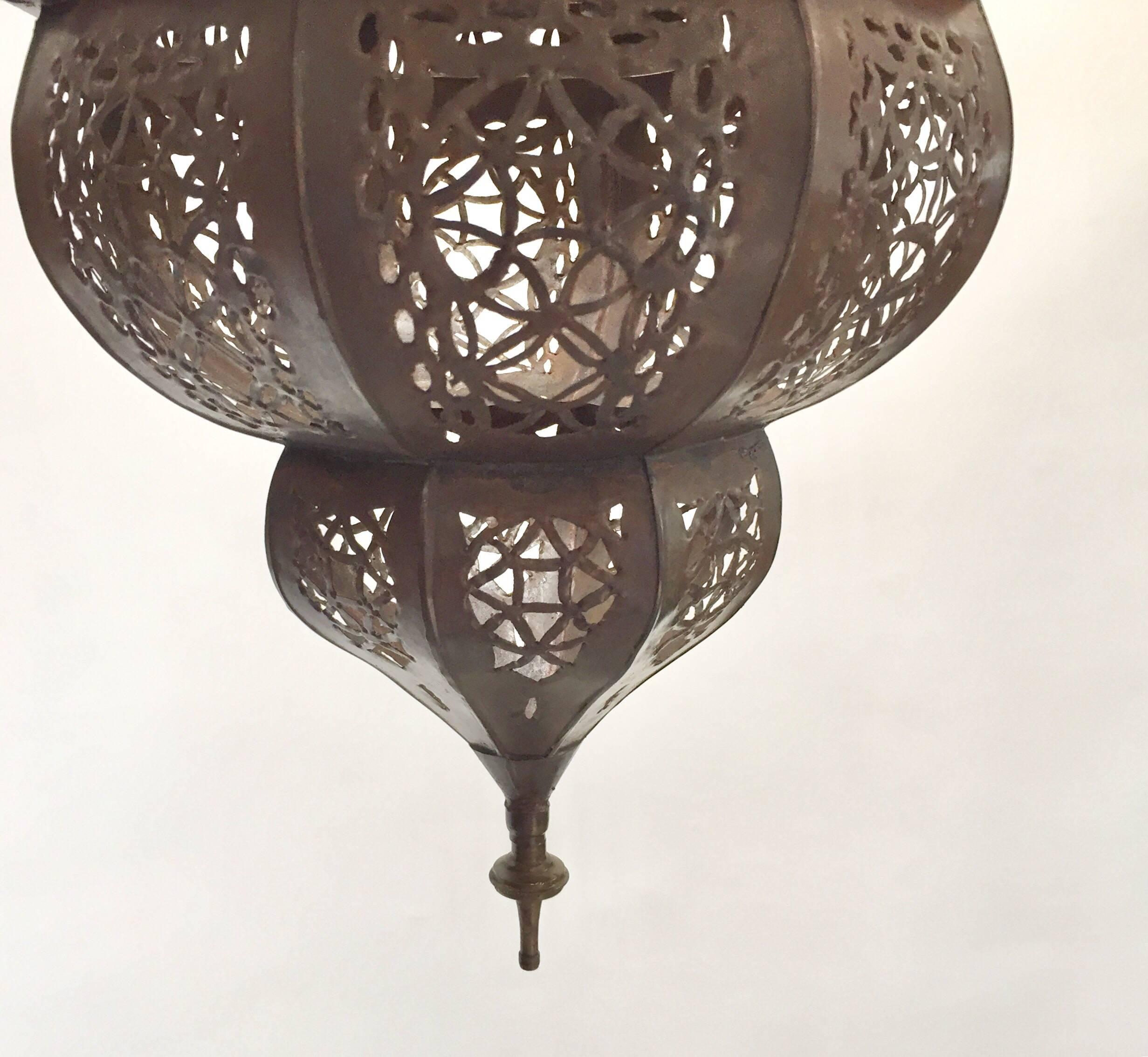 20th Century Moroccan Vintage Metal and Frosted Glass Light Fixture For Sale