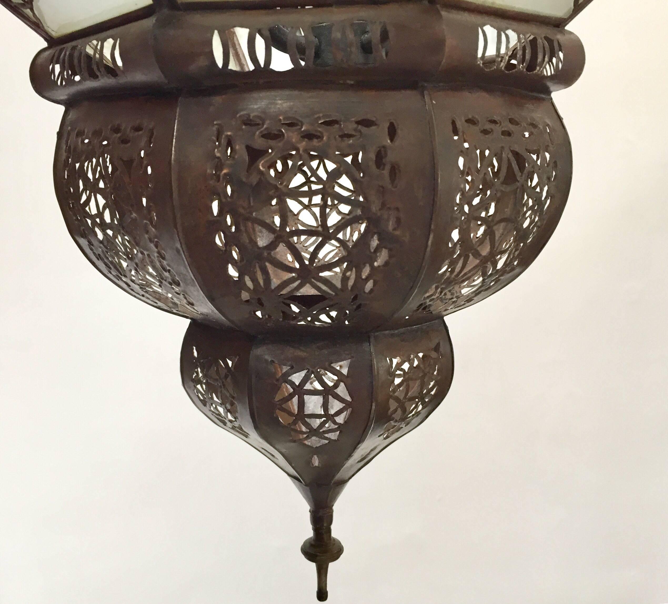 Moroccan Vintage Metal and Frosted Glass Light Fixture For Sale 1