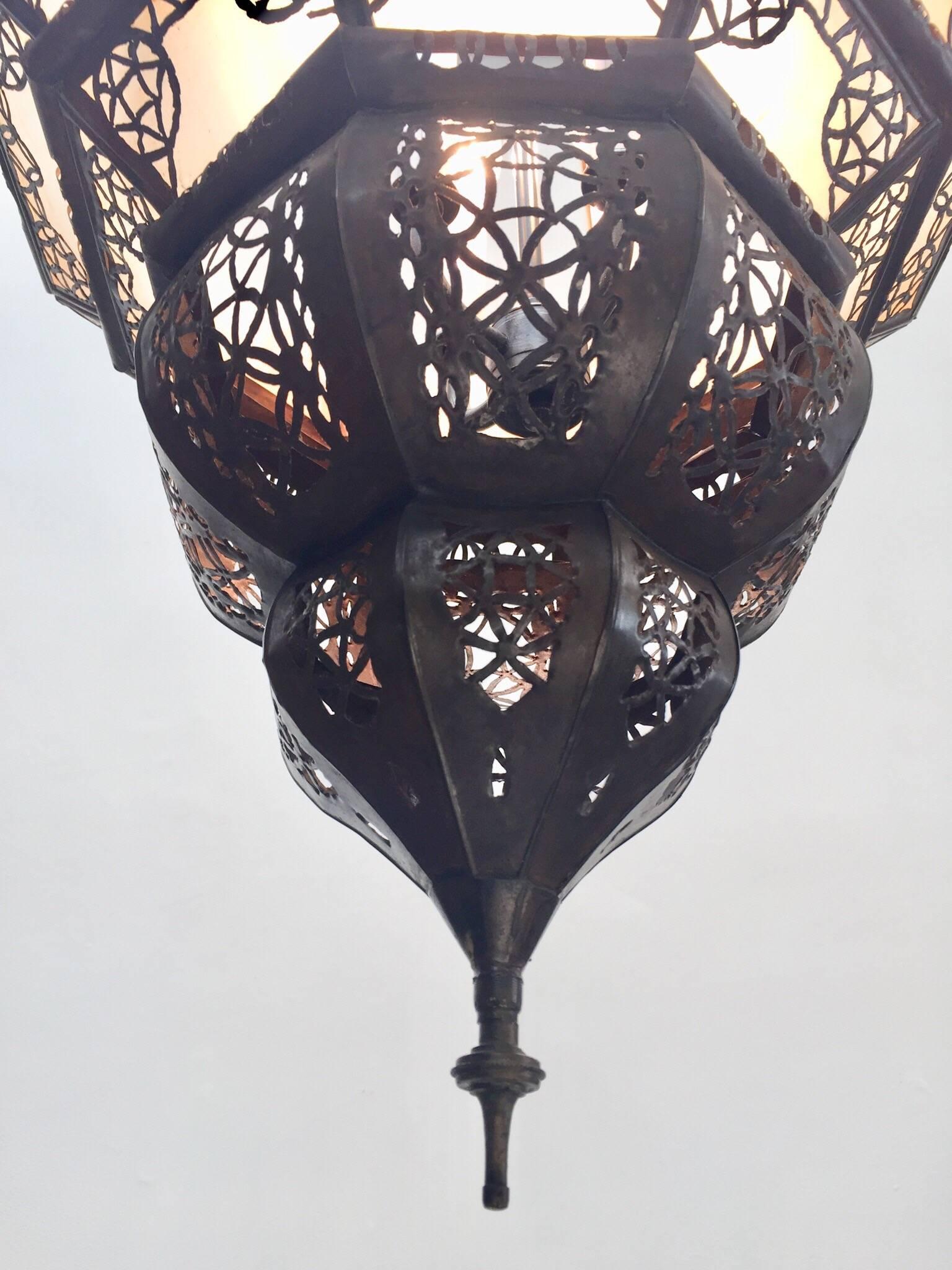 Moroccan Vintage Metal and Frosted Glass Light Fixture For Sale 2