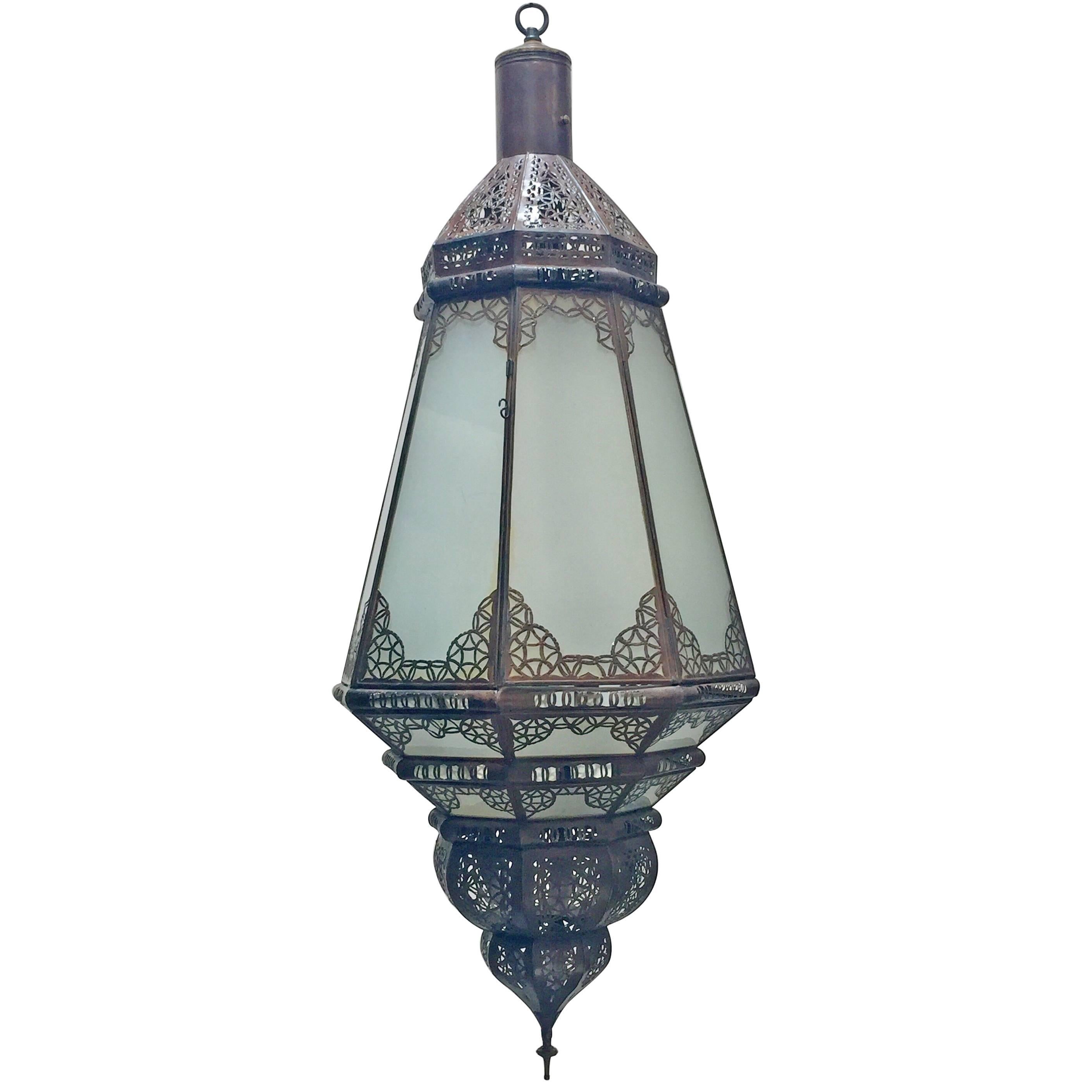 Moroccan Vintage Metal and Frosted Glass Light Fixture For Sale