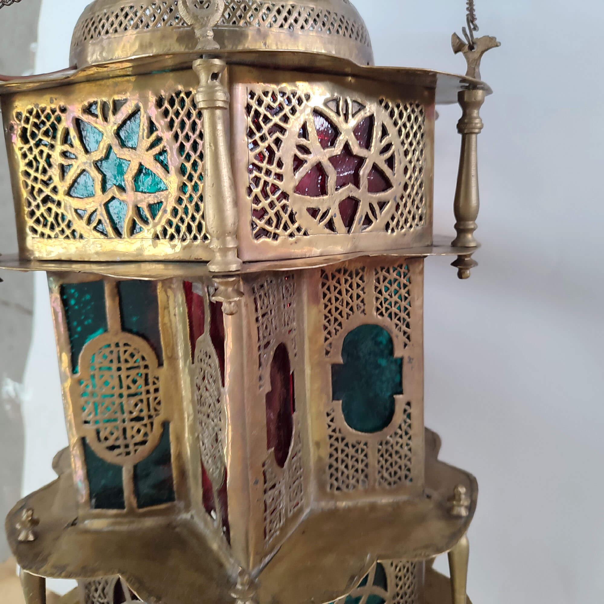 Moroccan Vintage Moorish Pierced Brass Hanging Lamp For Sale 4