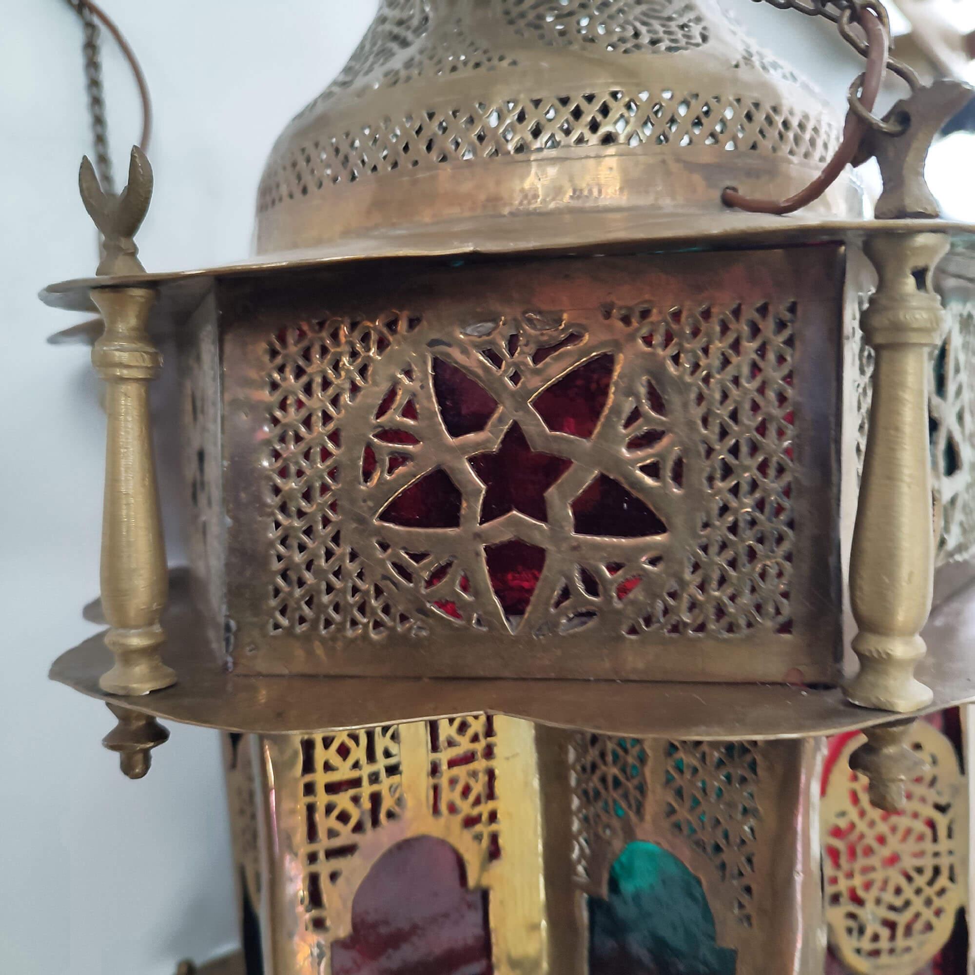 Moroccan Vintage Moorish Pierced Brass Hanging Lamp For Sale 2