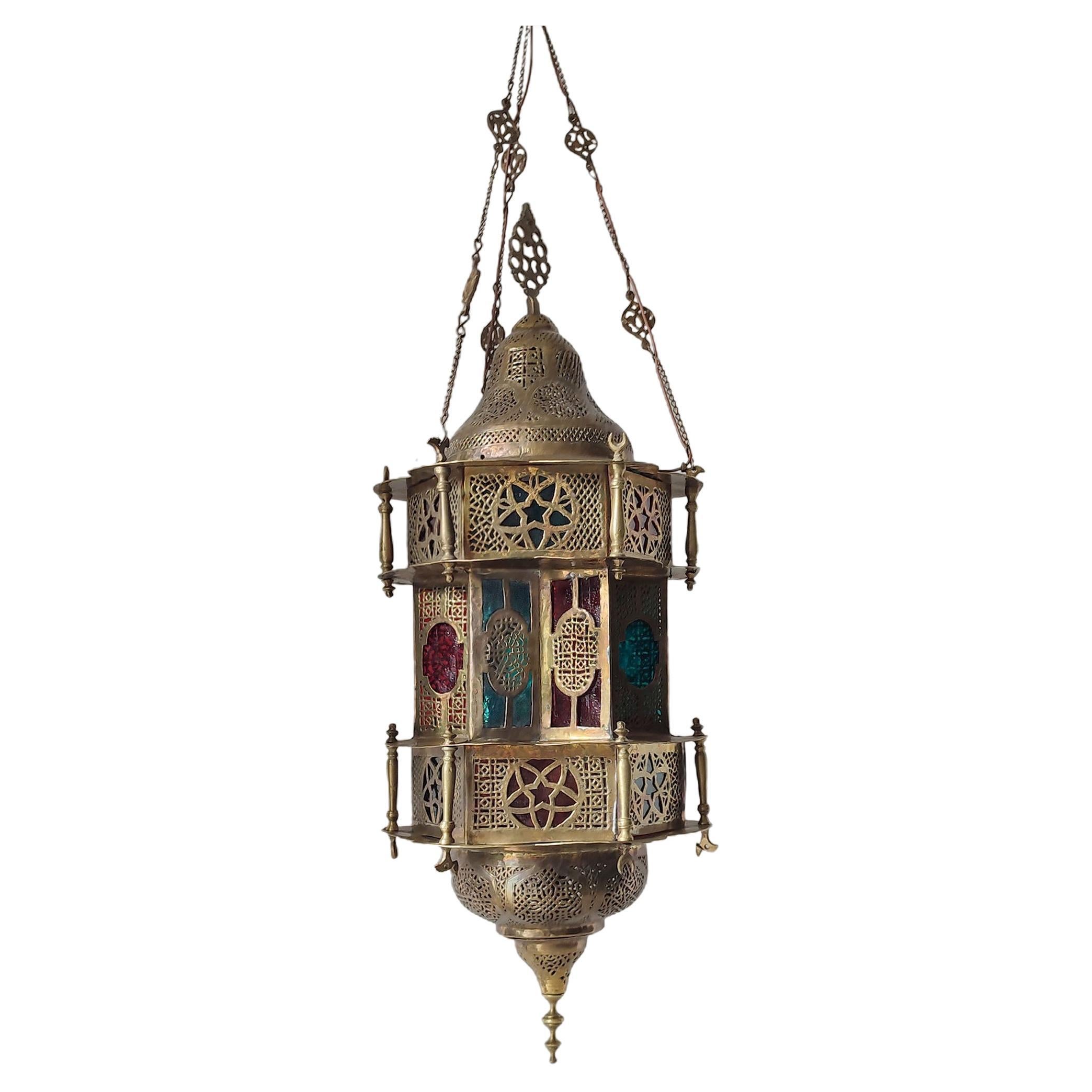 Moroccan Vintage Moorish Pierced Brass Hanging Lamp For Sale