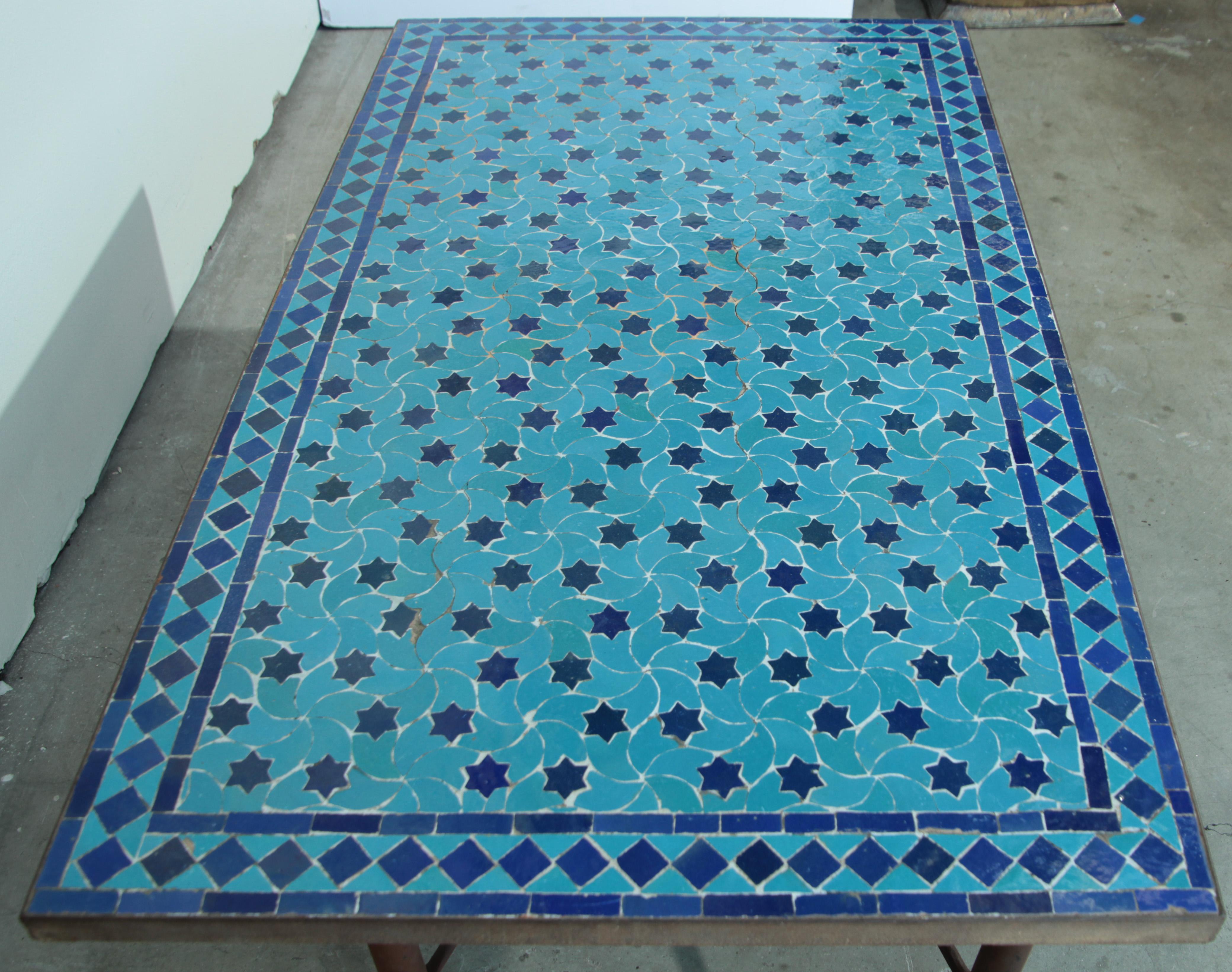Iron Moroccan Vintage Mosaic Blue Tile Rectangular Coffee Table