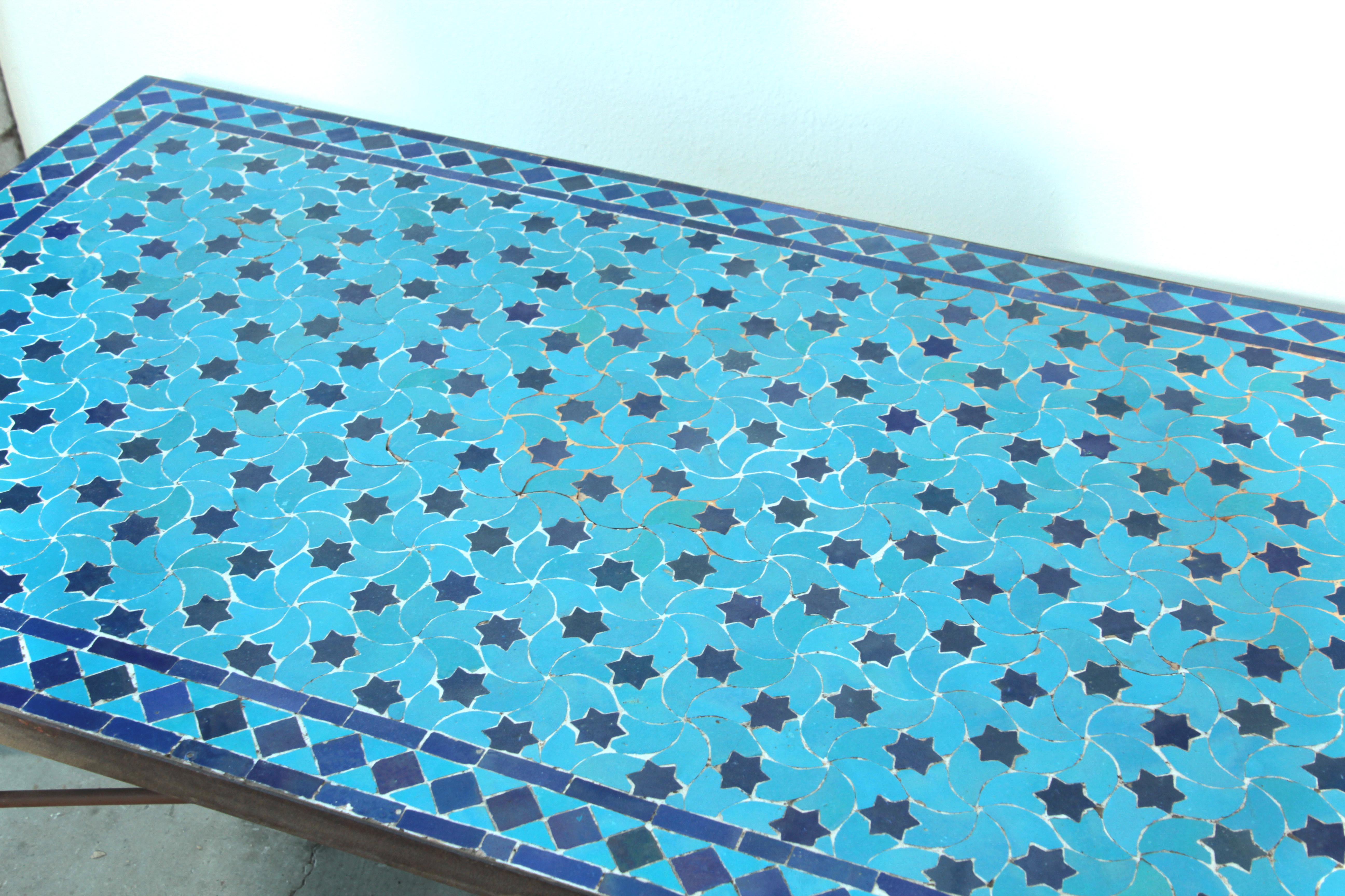 Hand-Crafted Moroccan Vintage Mosaic Blue Tile Rectangular Coffee Table