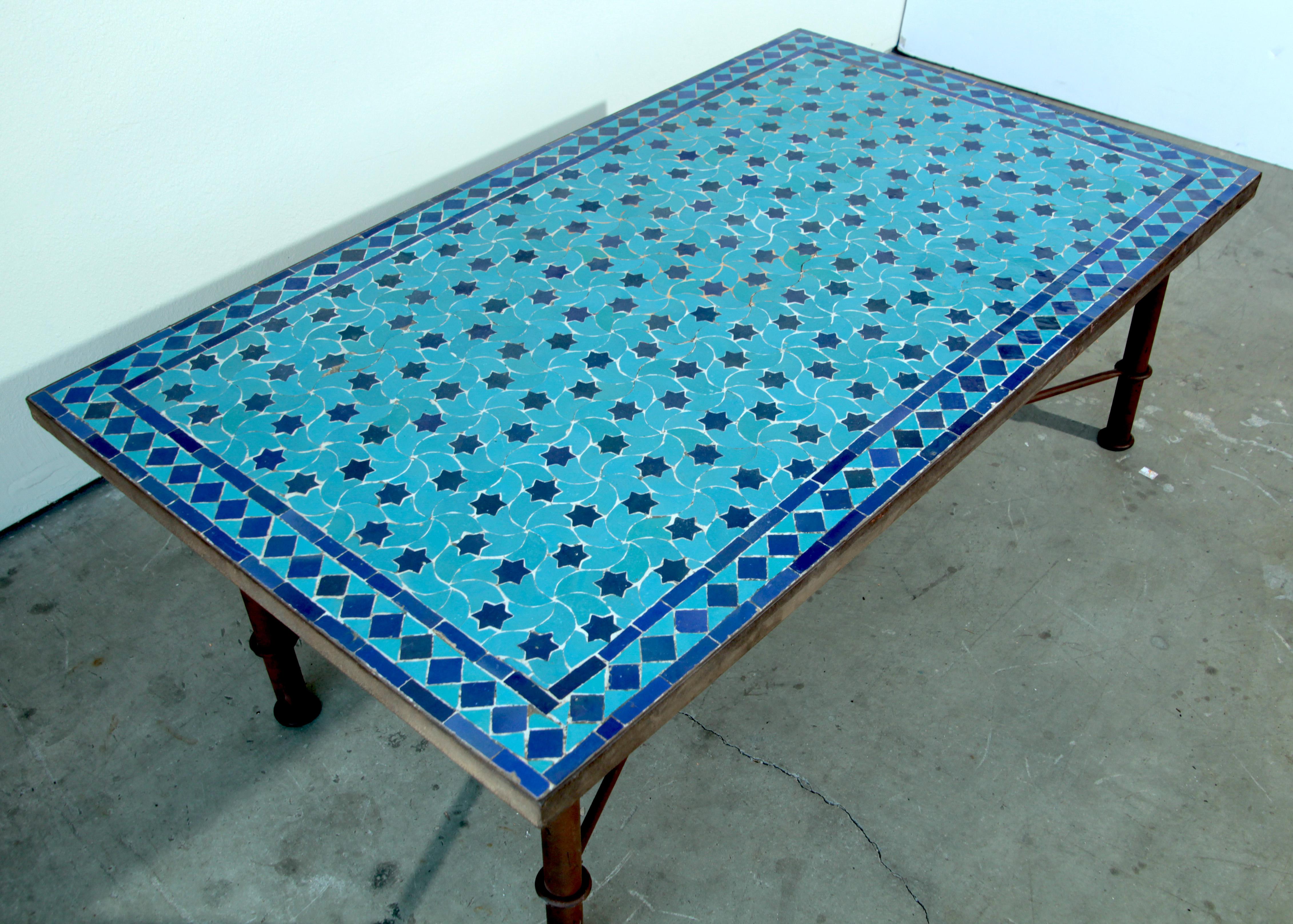 Moroccan Vintage Mosaic Blue Tile Rectangular Coffee Table In Good Condition In North Hollywood, CA