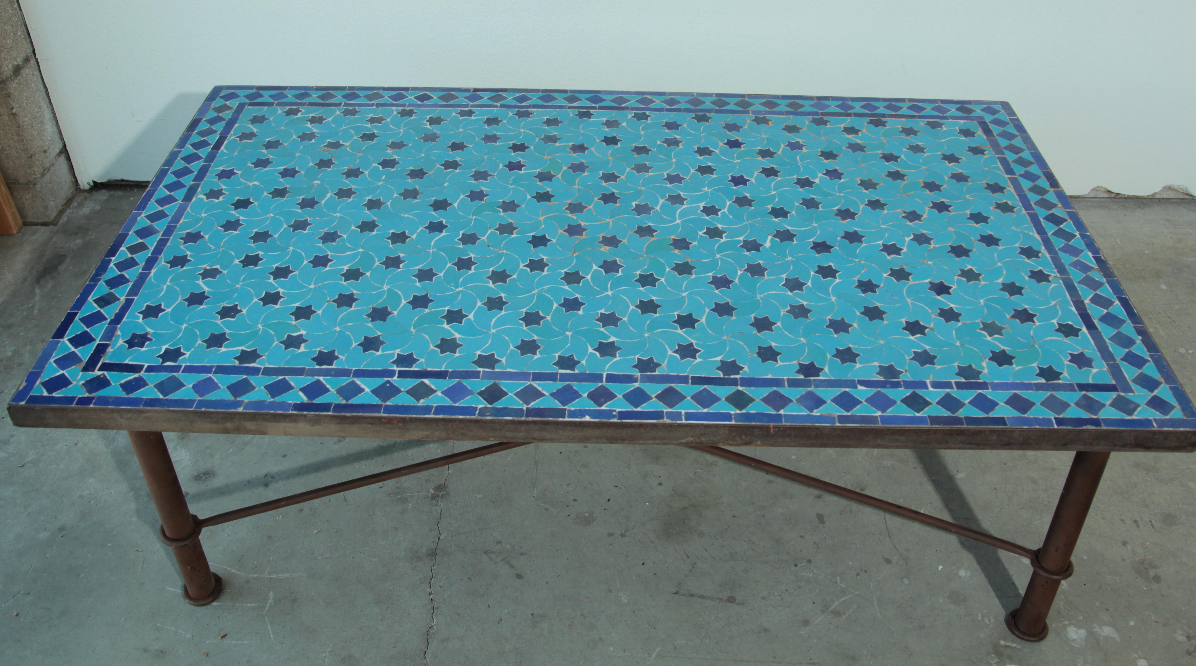 20th Century Moroccan Vintage Mosaic Blue Tile Rectangular Coffee Table