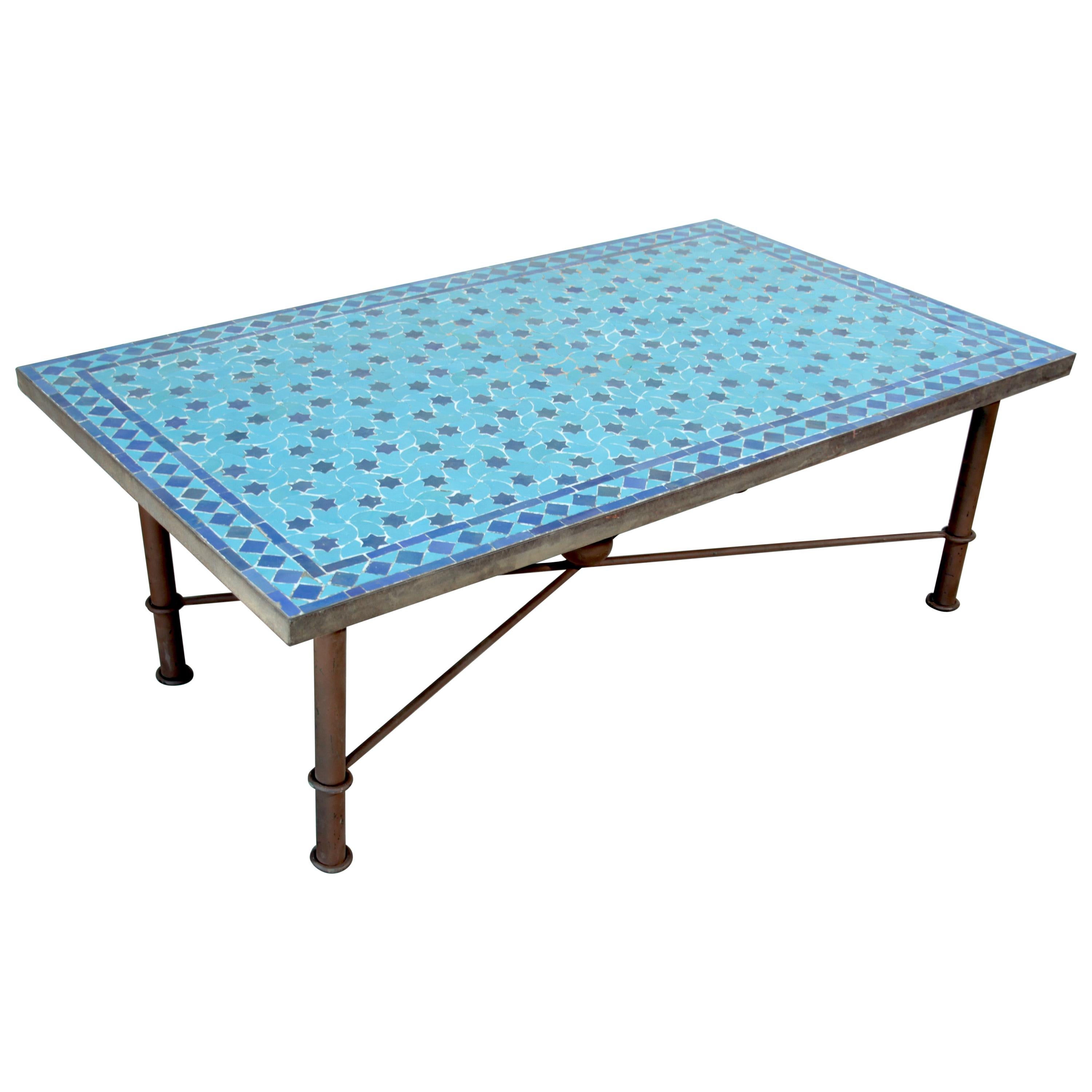 Moroccan Vintage Mosaic Blue Tile Rectangular Coffee Table