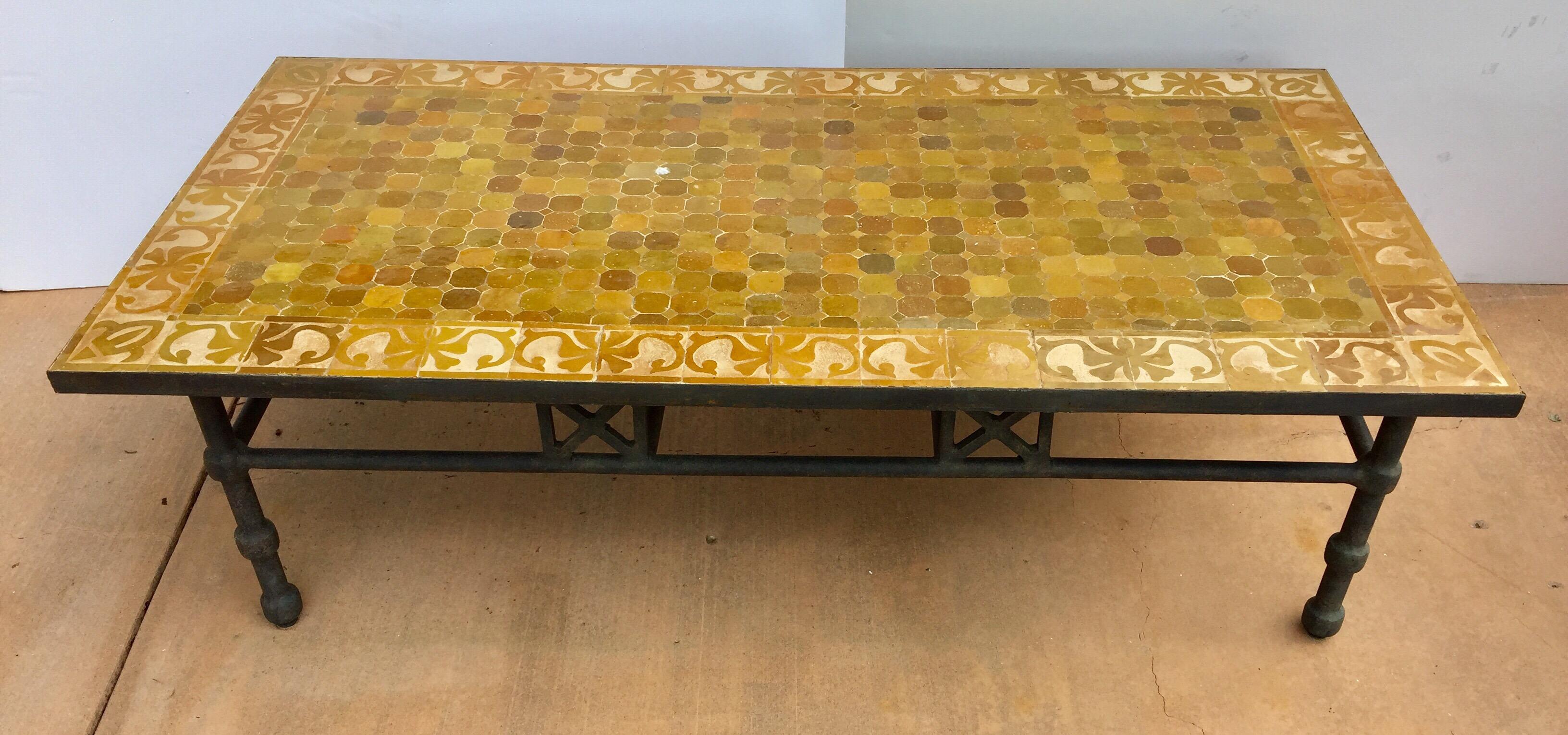 Handcrafted vintage mosaic tile tabletop, handmade using reclaimed Moroccan tiles of different shades of earth tone ochre colors, It ranges in color from yellow to deep dark brown to light brown.
Moroccan glazed and hand chased tiles.
Amazing