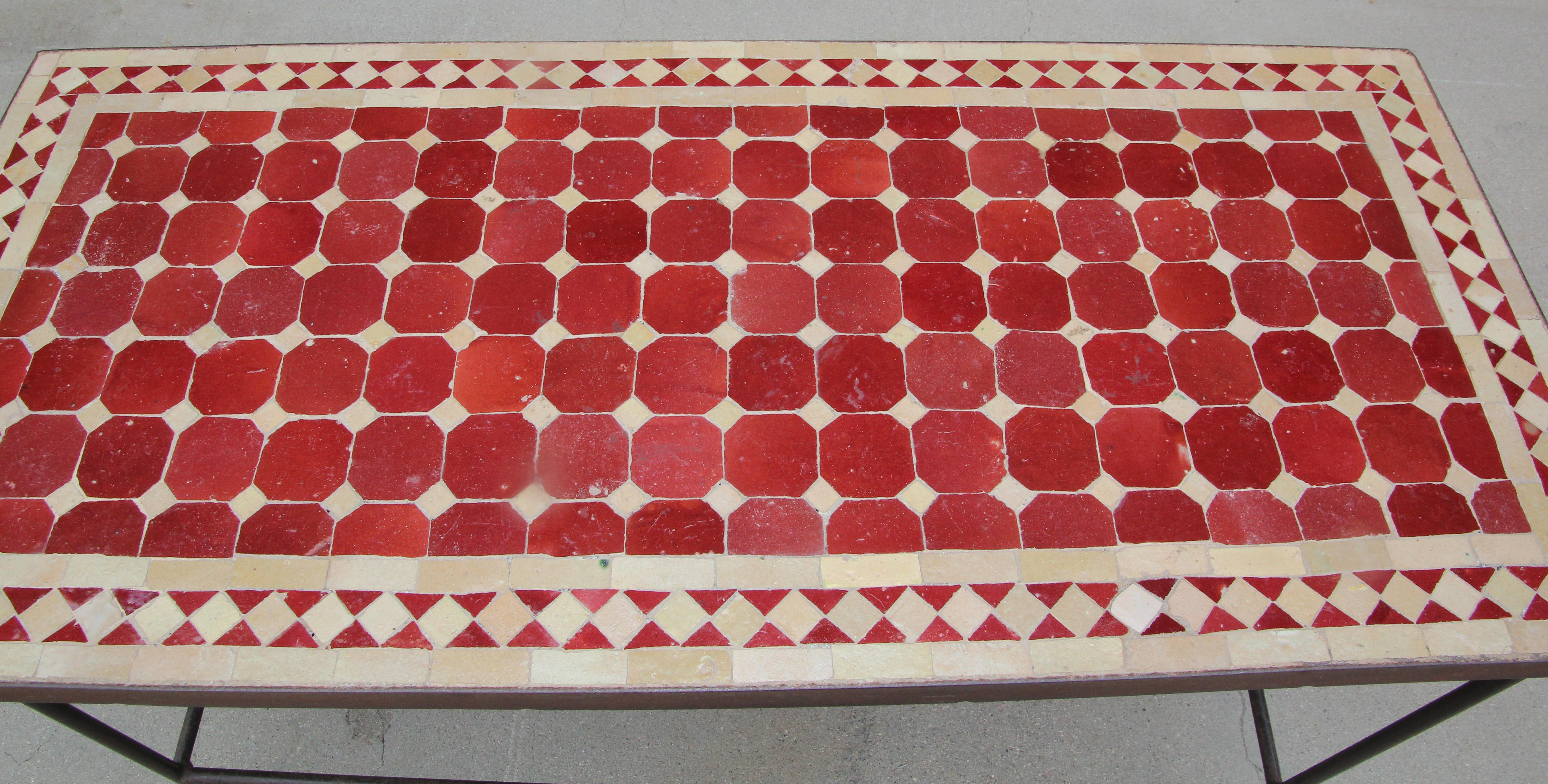 Iron Moroccan Vintage Mosaic Red Tile Rectangular Side Table