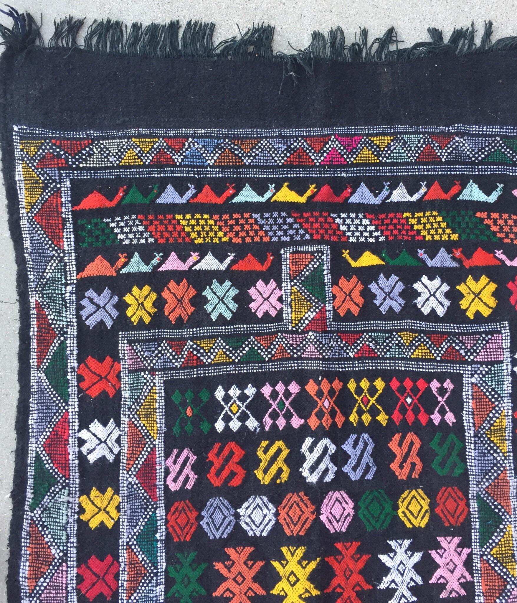 20th Century Moroccan Vintage North African Black Tribal Kilim Rug For Sale