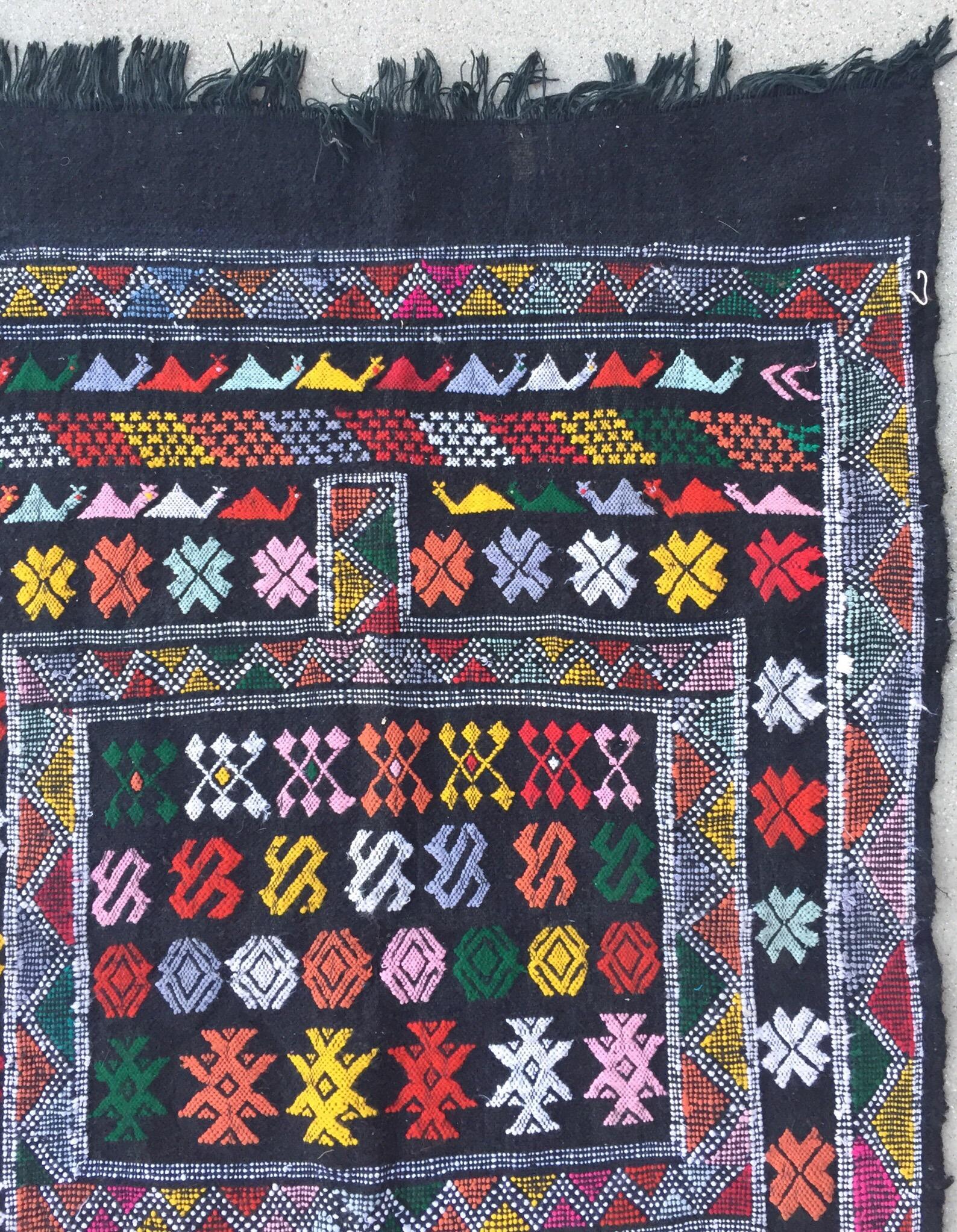 Wool Moroccan Vintage North African Black Tribal Kilim Rug For Sale