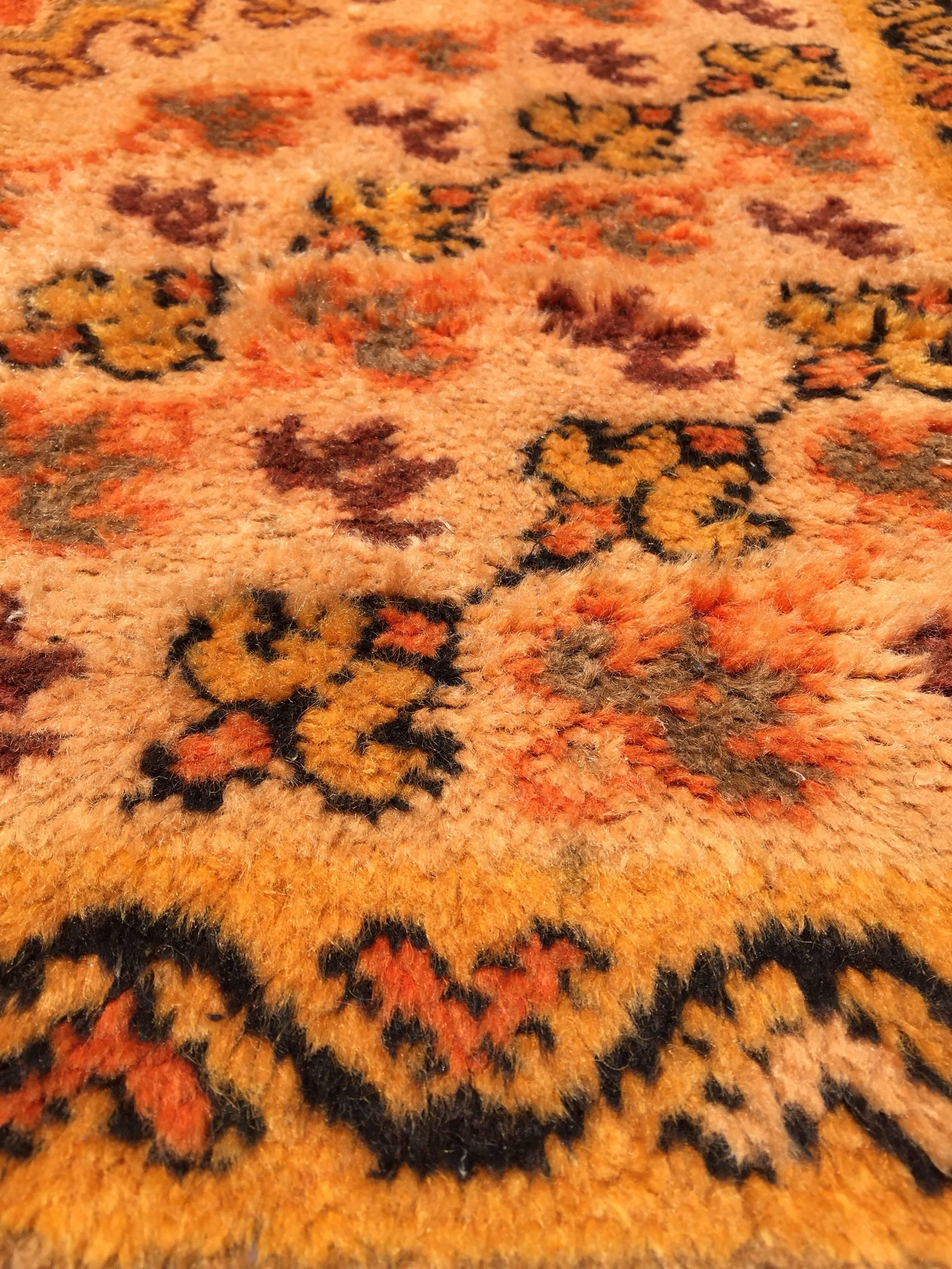 1960s Moroccan Vintage Orange Color Tribal African Pile Rug In Good Condition For Sale In North Hollywood, CA