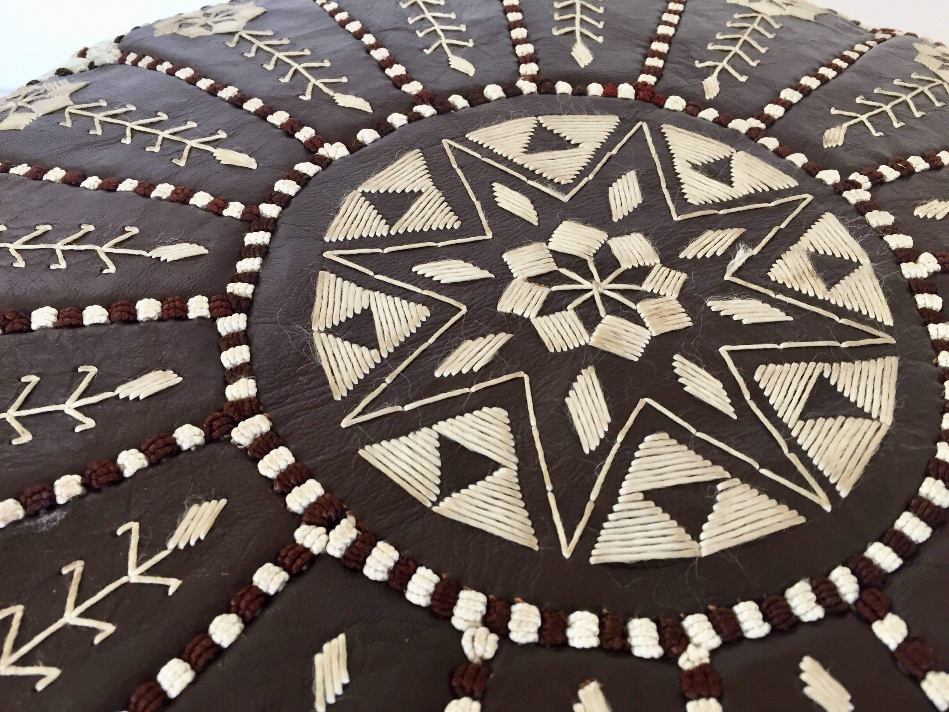 Moroccan Vintage Round Leather Pouf Brown and White Embroidered 5