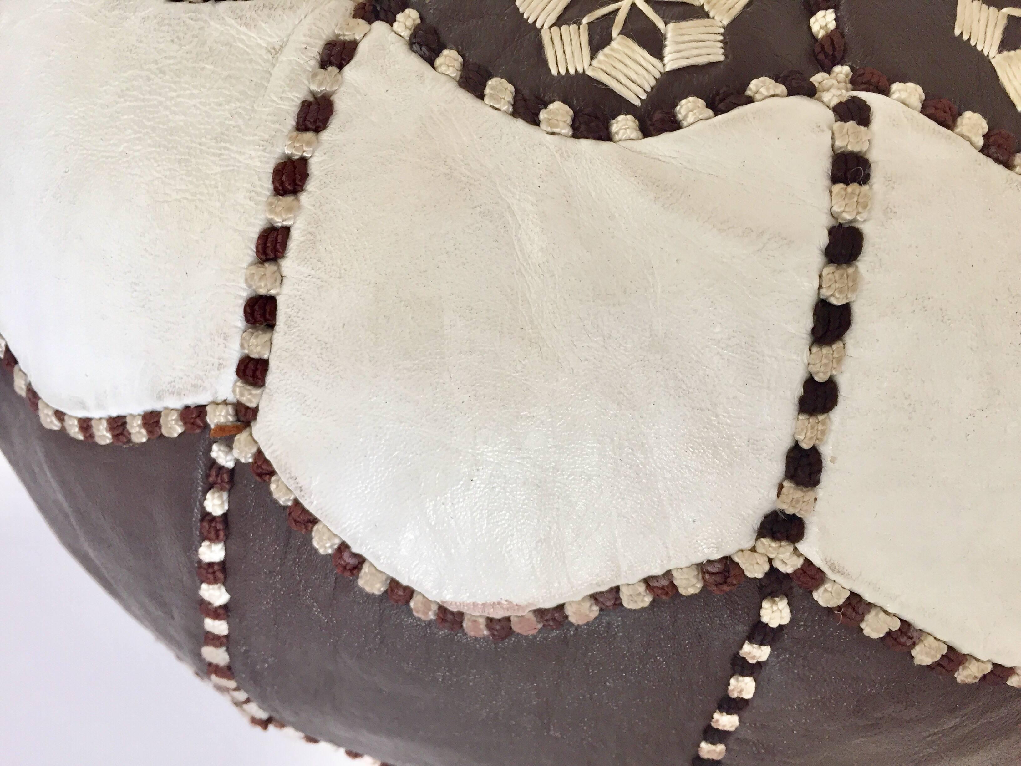 Moroccan Vintage Round Leather Pouf Brown and White Embroidered 6