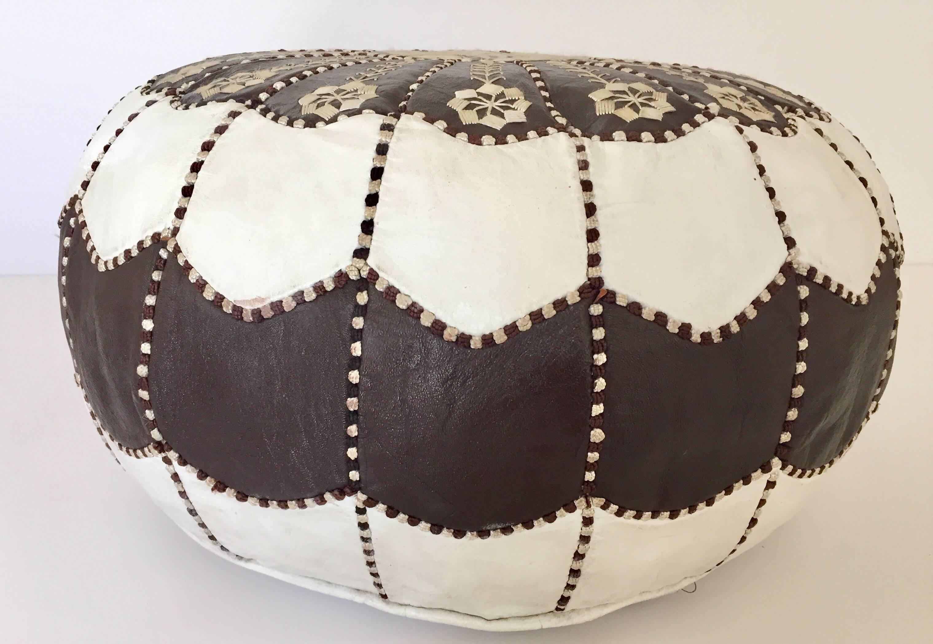 Folk Art Moroccan Vintage Round Leather Pouf Brown and White Embroidered