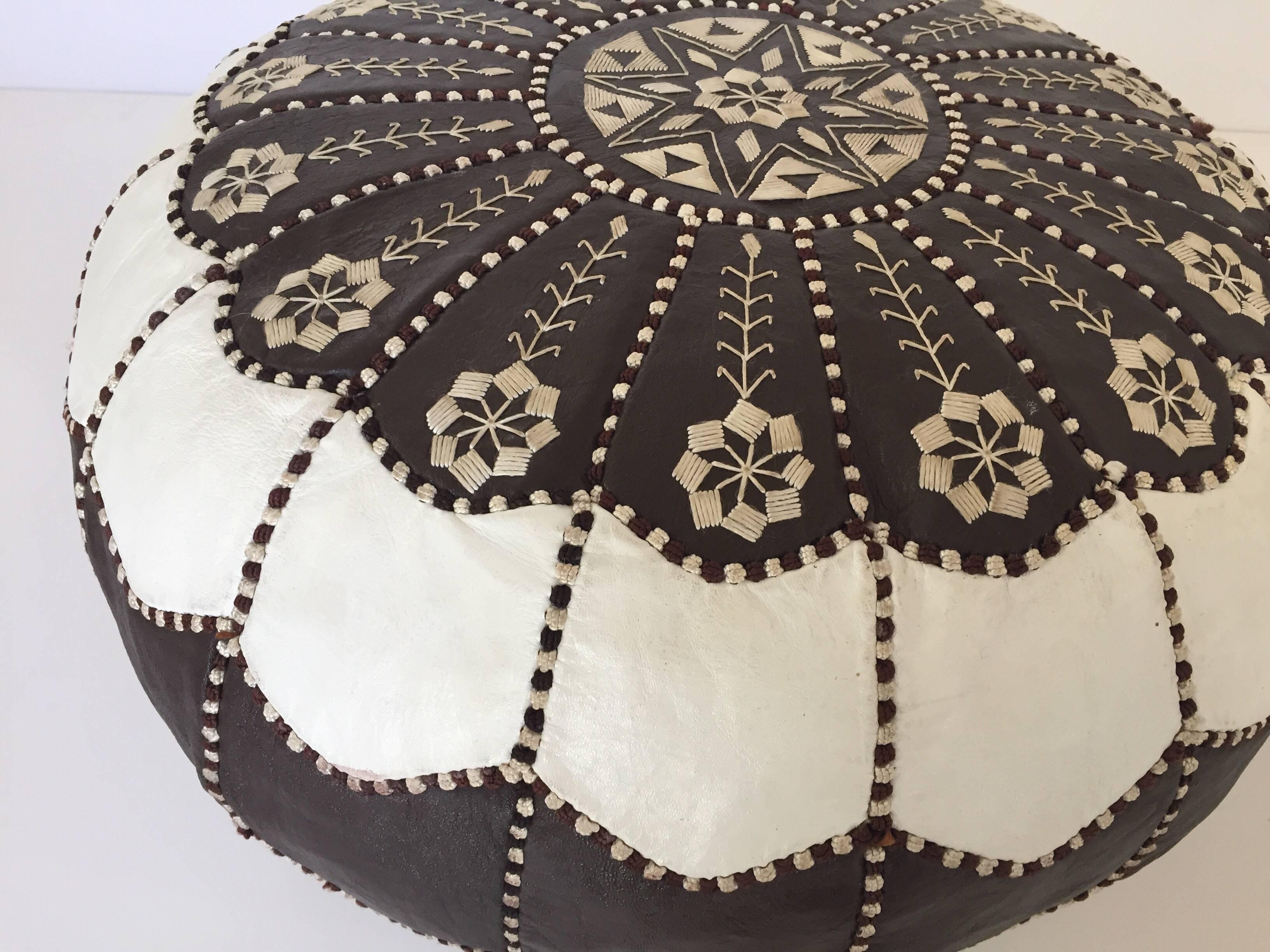 Hand-Crafted Moroccan Vintage Round Leather Pouf Brown and White Embroidered