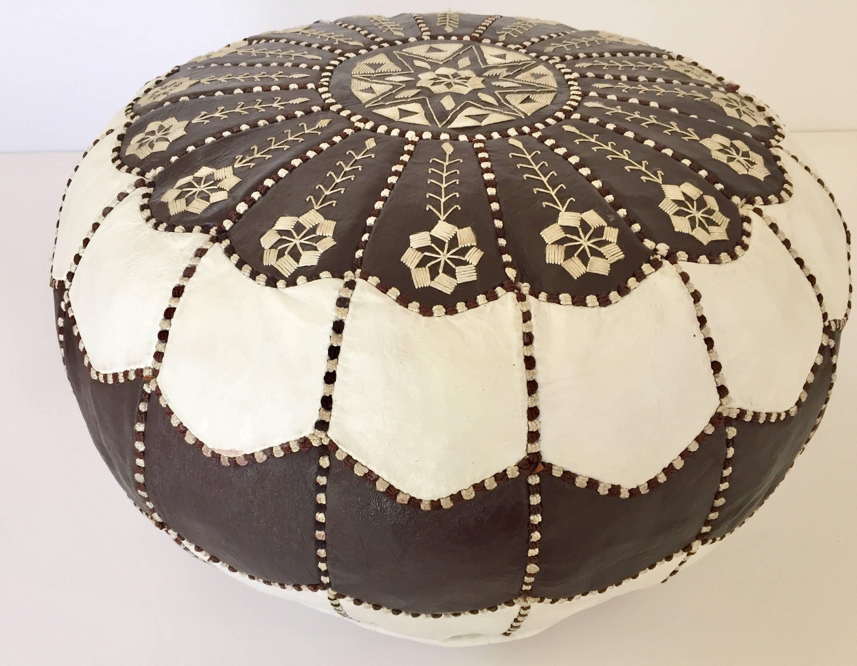 Moroccan Vintage Round Leather Pouf Brown and White Embroidered 1
